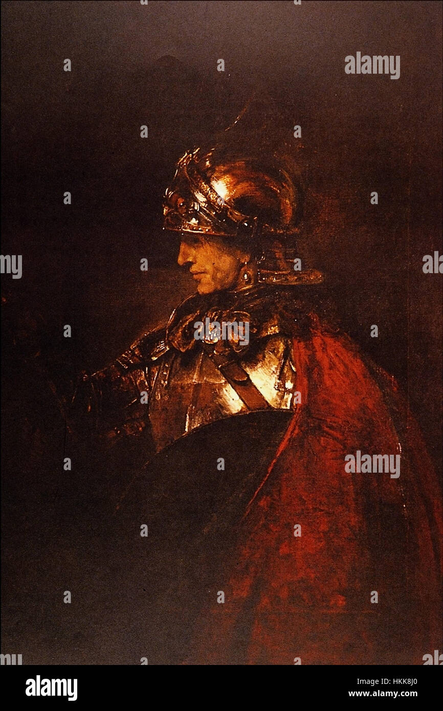 Un famoso dipinto di Rembrandt Harmenszoon van Rijn, raffigurante un uomo armato. L'opera d'arte è un eccellente esempio della maestria di Rembrandt nel ritrarre luce, texture e argomenti militari. Foto Stock