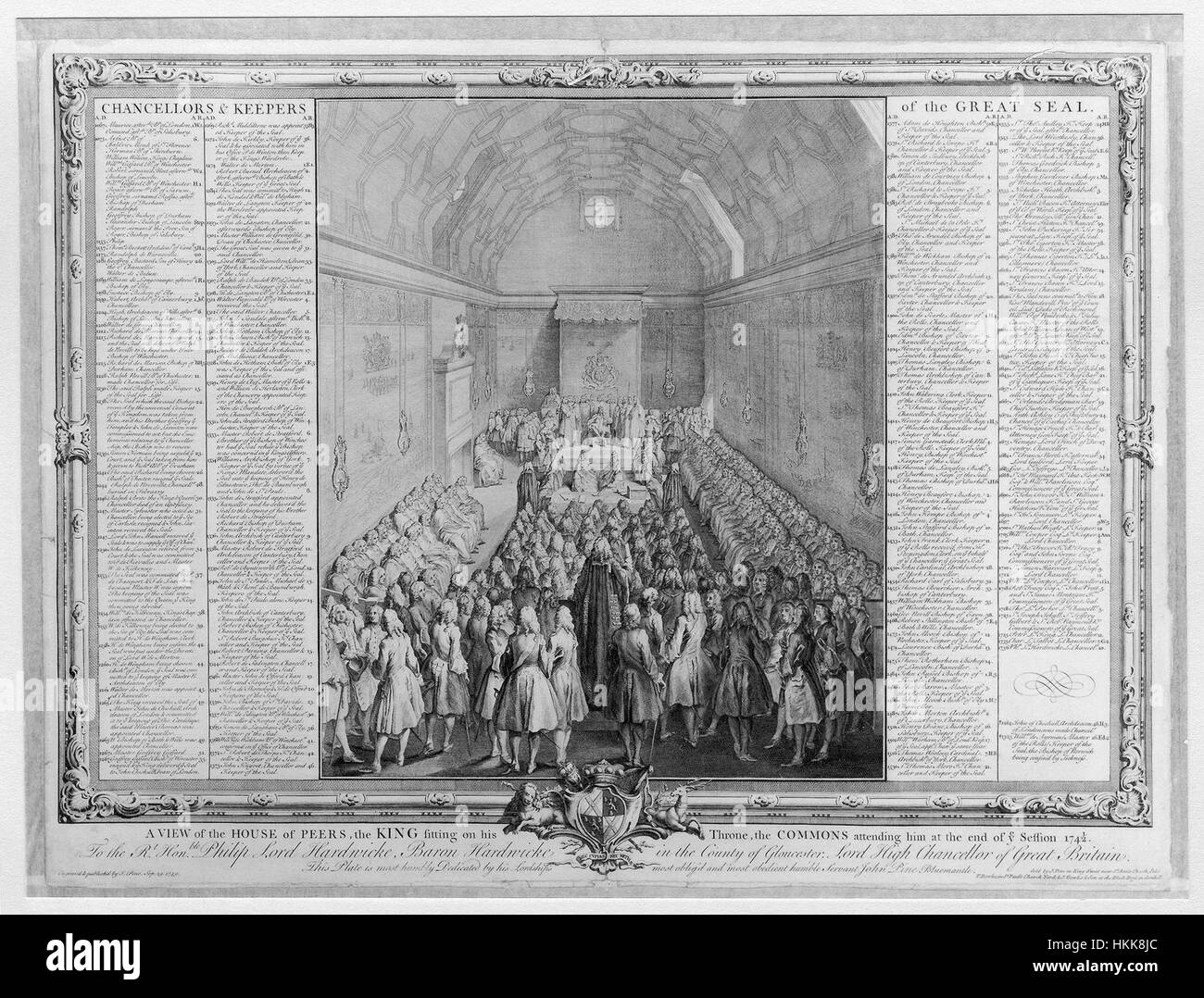 Il dipinto di John Pine "A View of the House of Peers" del XVIII secolo, raffigurante re Giorgio II tra le altre figure di spicco dell'aristocrazia britannica. La scena cattura l'ambientazione formale della camera dei lord. Foto Stock