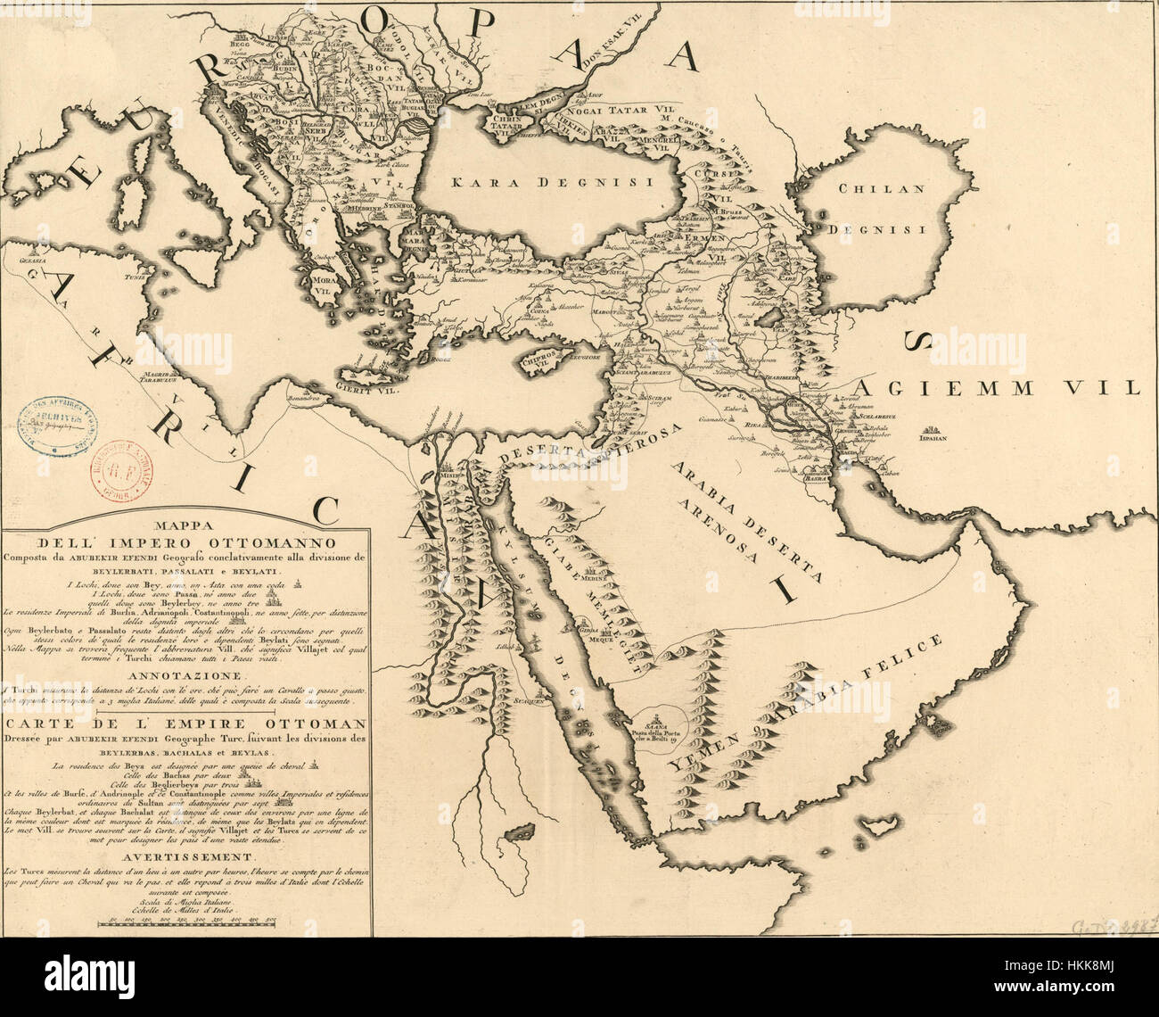 La mappa creata da Abubekir Efendi nel 1740 raffigura l'Impero Ottomano al suo apice. La Mappa dell'Impero Ottomanno illustra la vasta estensione territoriale dell'impero durante questo periodo, catturandone i confini geografici e politici. Foto Stock