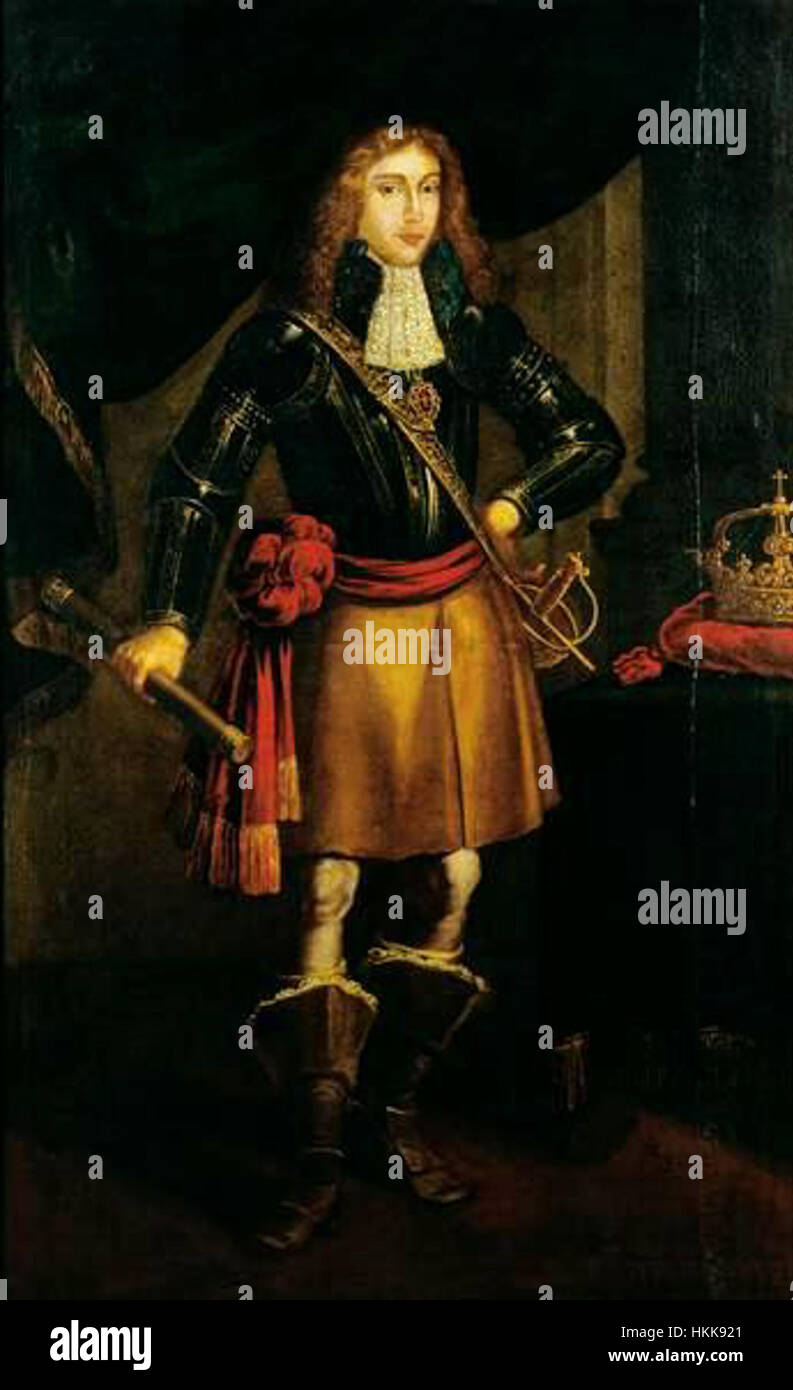 Questo ritratto del re Alfonso vi del Portogallo cattura la sua statura regale e il suo significato storico. Alfonso vi governò il Portogallo dal 1656 al 1683, durante un periodo tumultuoso della storia europea. Il suo regno fu segnato da lotte politiche e dalla sua eventuale deposizione. L'opera riflette lo stile della ritrattistica reale del XVII secolo, mostrando l'influenza del re e l'estetica formale del tempo. Foto Stock