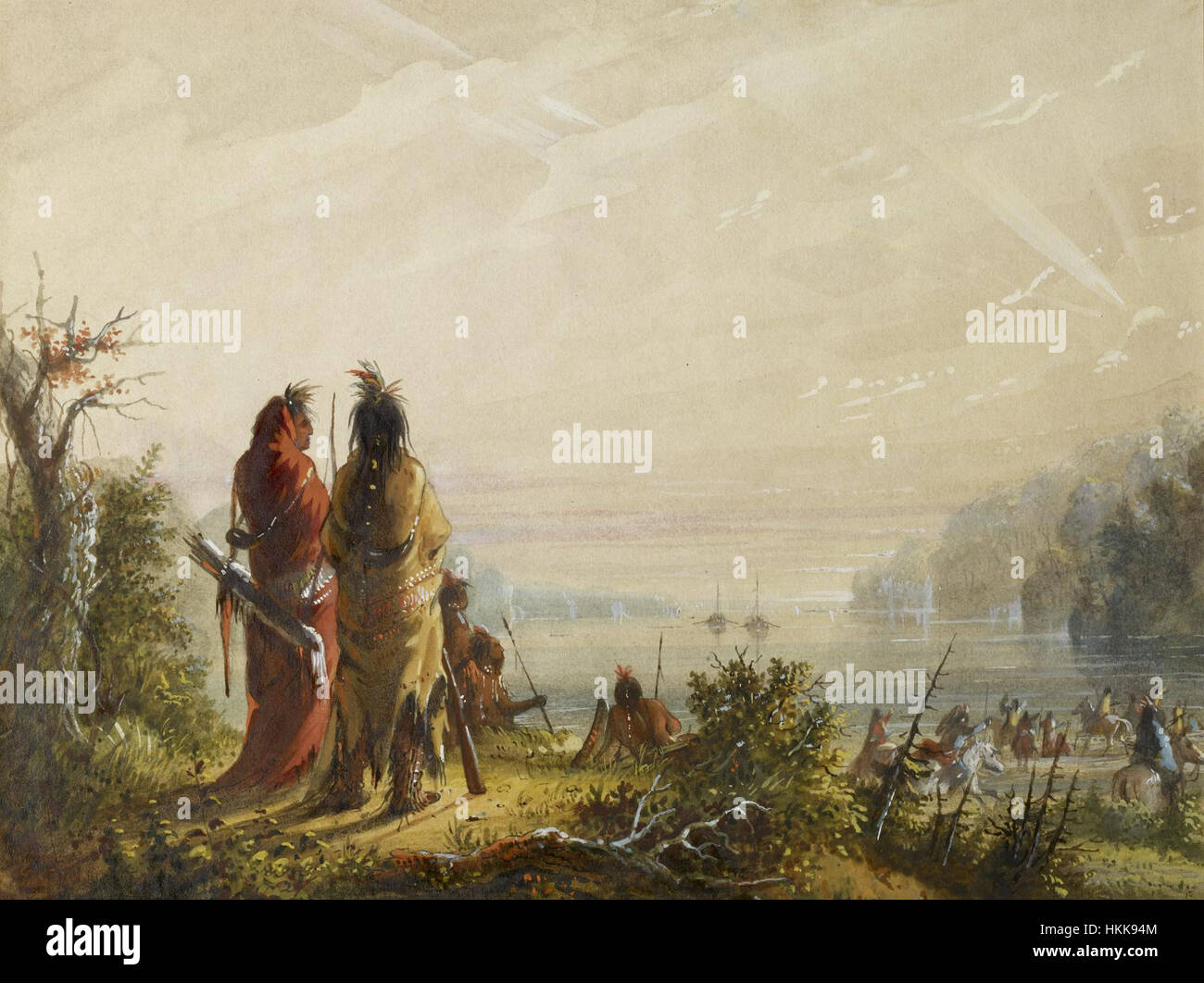 Il dipinto di Alfred Jacob Miller "Indians Threat to Attack Fur Boats" (Indiani minacciati di attaccare le barche a pelliccia) raffigura un momento di tensione nella frontiera americana, mostrando la drammatica interazione tra i nativi americani e i cacciatori di pellicce. Foto Stock