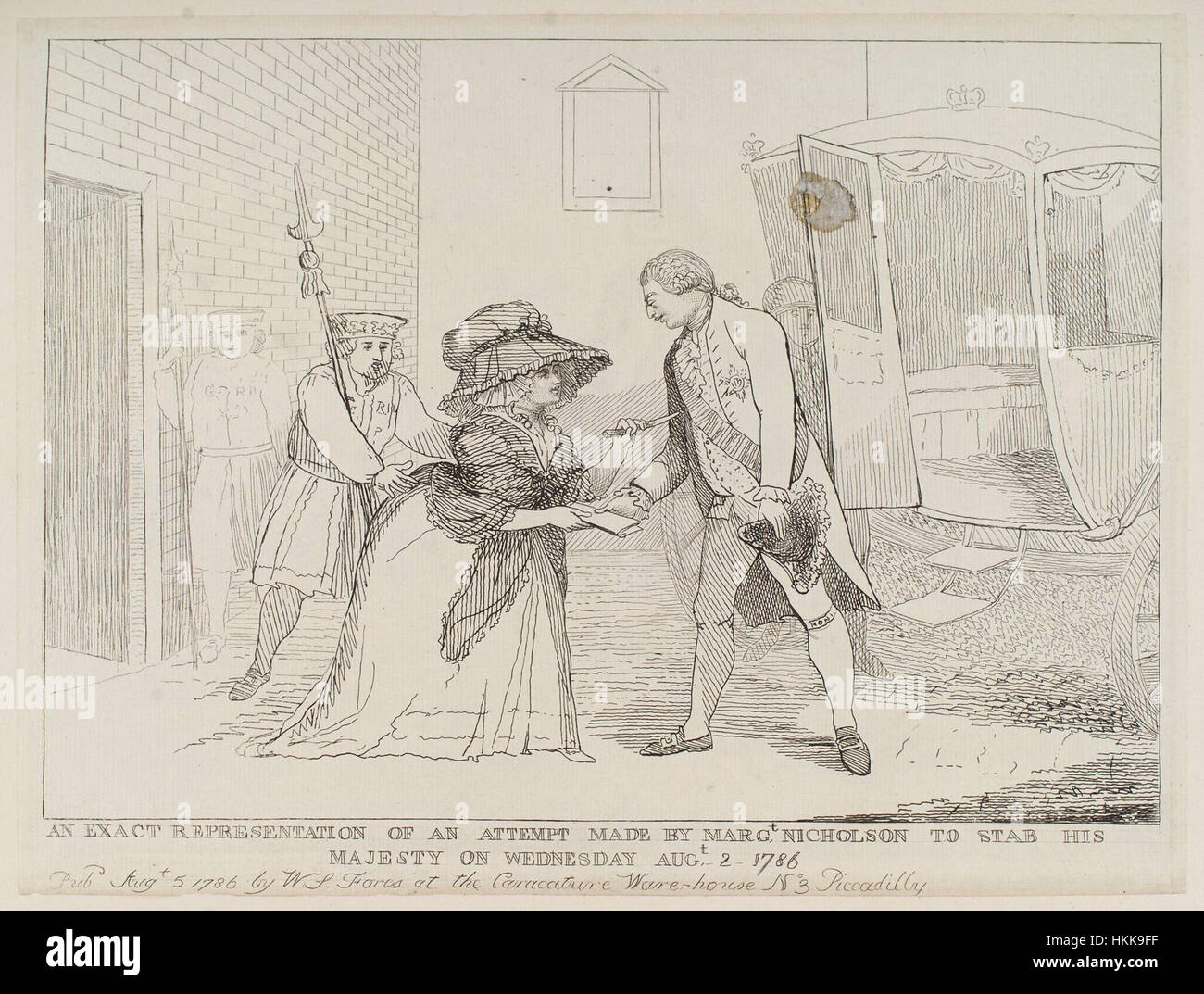 Questa illustrazione di Samuel William Fores raffigura il fallito tentativo di assassinio di Margt Nicholson su re Giorgio III nel 1786. Il pezzo cattura il drammatico momento di importanza storica. Foto Stock