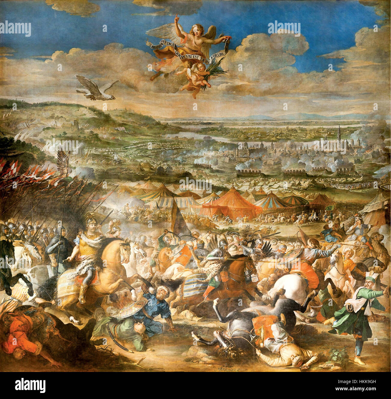 Un dipinto di Altomonte che raffigura la Battaglia di Vienna, un evento storico iconico. L'opera cattura l'intensità del conflitto e il coraggio dei combattenti durante l'assedio del 1683. Foto Stock