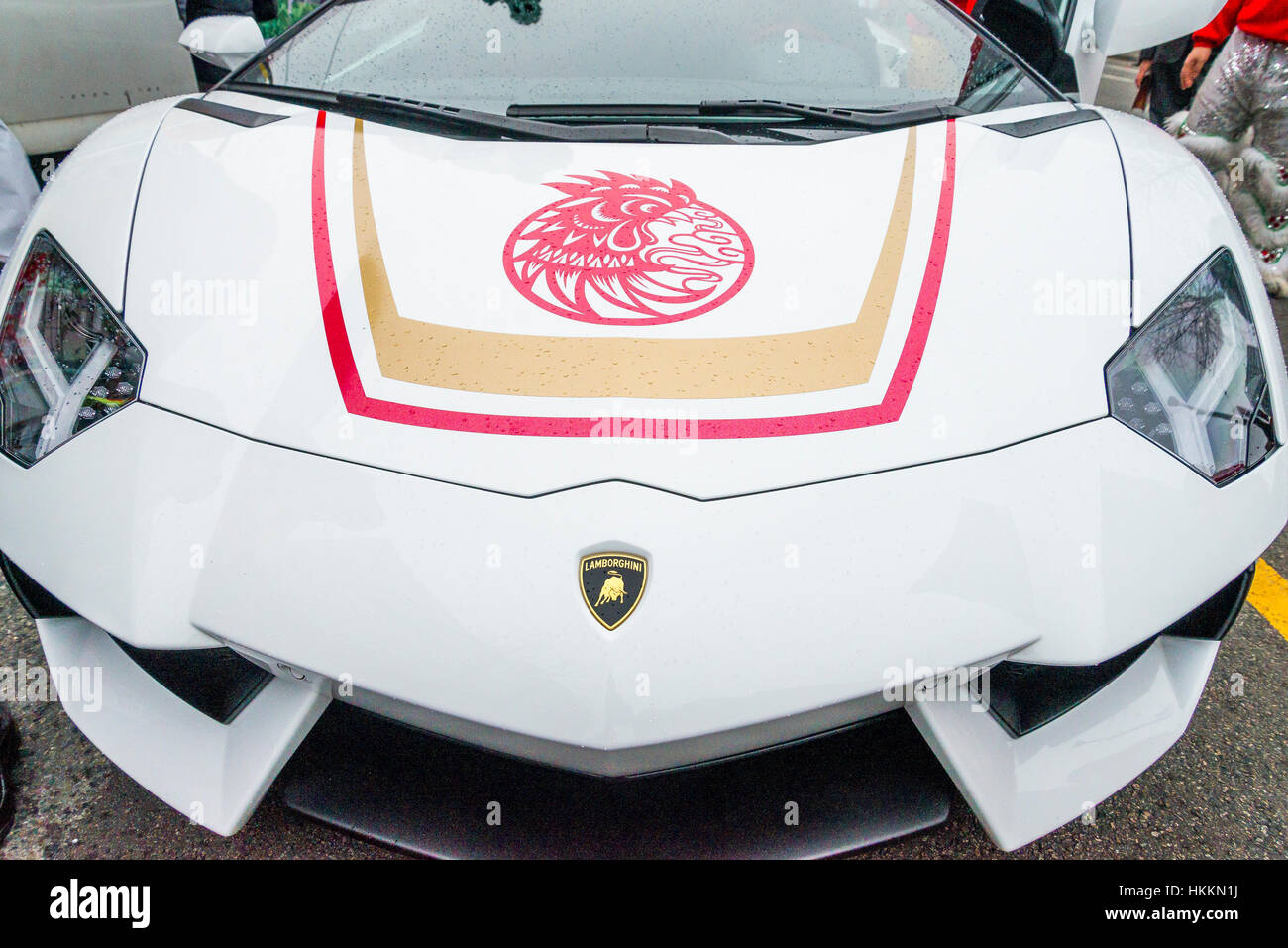 Vancouver, Canada. Il 29 gennaio, 2017. Lamborghini auto sportiva durante il Nuovo Anno Cinese sfilata per celebrare l Anno del Gallo in Vancouver, British Columbia. Credito: Michael Wheatley/Alamy Live News Foto Stock