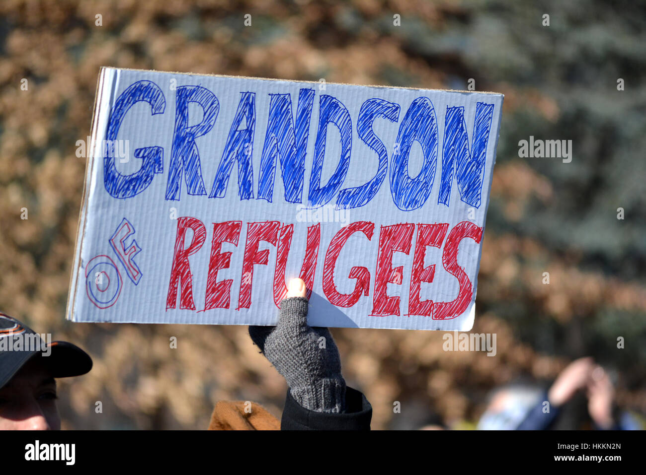 La città di New York, Stati Uniti d'America. Il 29 gennaio, 2017. I dimostranti prendere parte al rally contro il Presidente Trump di piani in materia di immigrazione a Battery Park a New York City. Credito: Christopher Penler/Alamy Live News Foto Stock