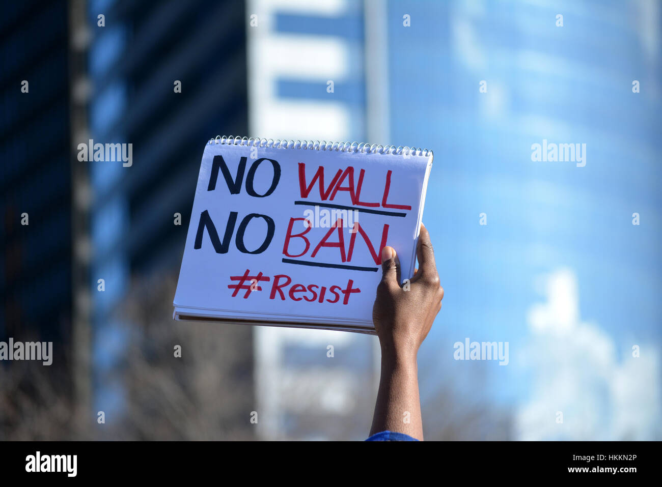 La città di New York, Stati Uniti d'America. Il 29 gennaio, 2017. I dimostranti prendere parte al rally contro il Presidente Trump di piani in materia di immigrazione a Battery Park a New York City. Credito: Christopher Penler/Alamy Live News Foto Stock