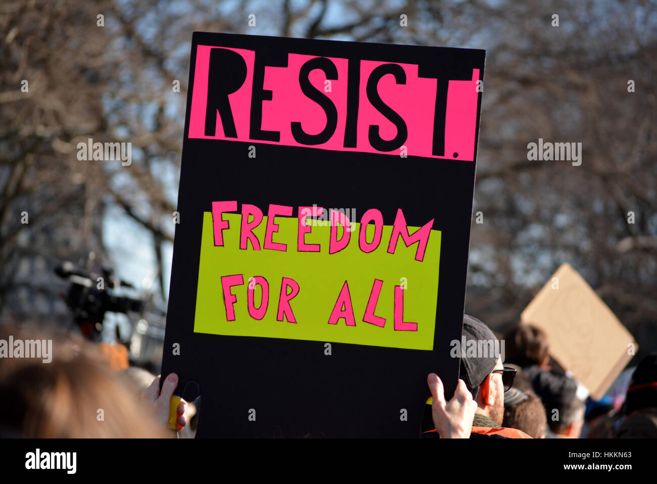La città di New York, Stati Uniti d'America. Il 29 gennaio, 2017. I dimostranti prendere parte al rally contro il Presidente Trump di piani in materia di immigrazione a Battery Park a New York City. Credito: Christopher Penler/Alamy Live News Foto Stock