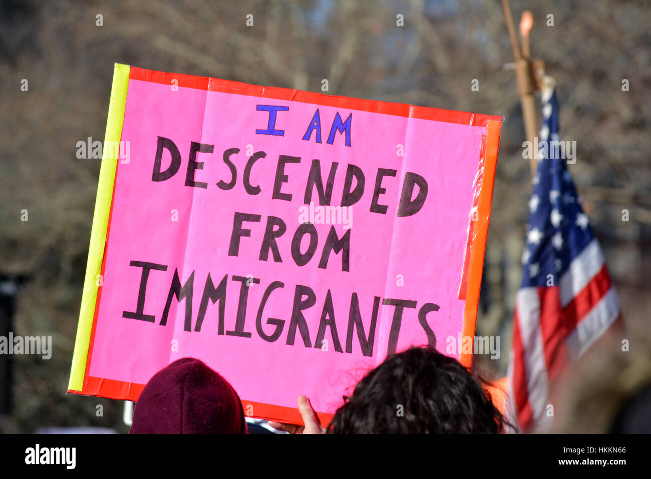 La città di New York, Stati Uniti d'America. Il 29 gennaio, 2017. I dimostranti prendere parte al rally contro il Presidente Trump di piani in materia di immigrazione a Battery Park a New York City. Credito: Christopher Penler/Alamy Live News Foto Stock