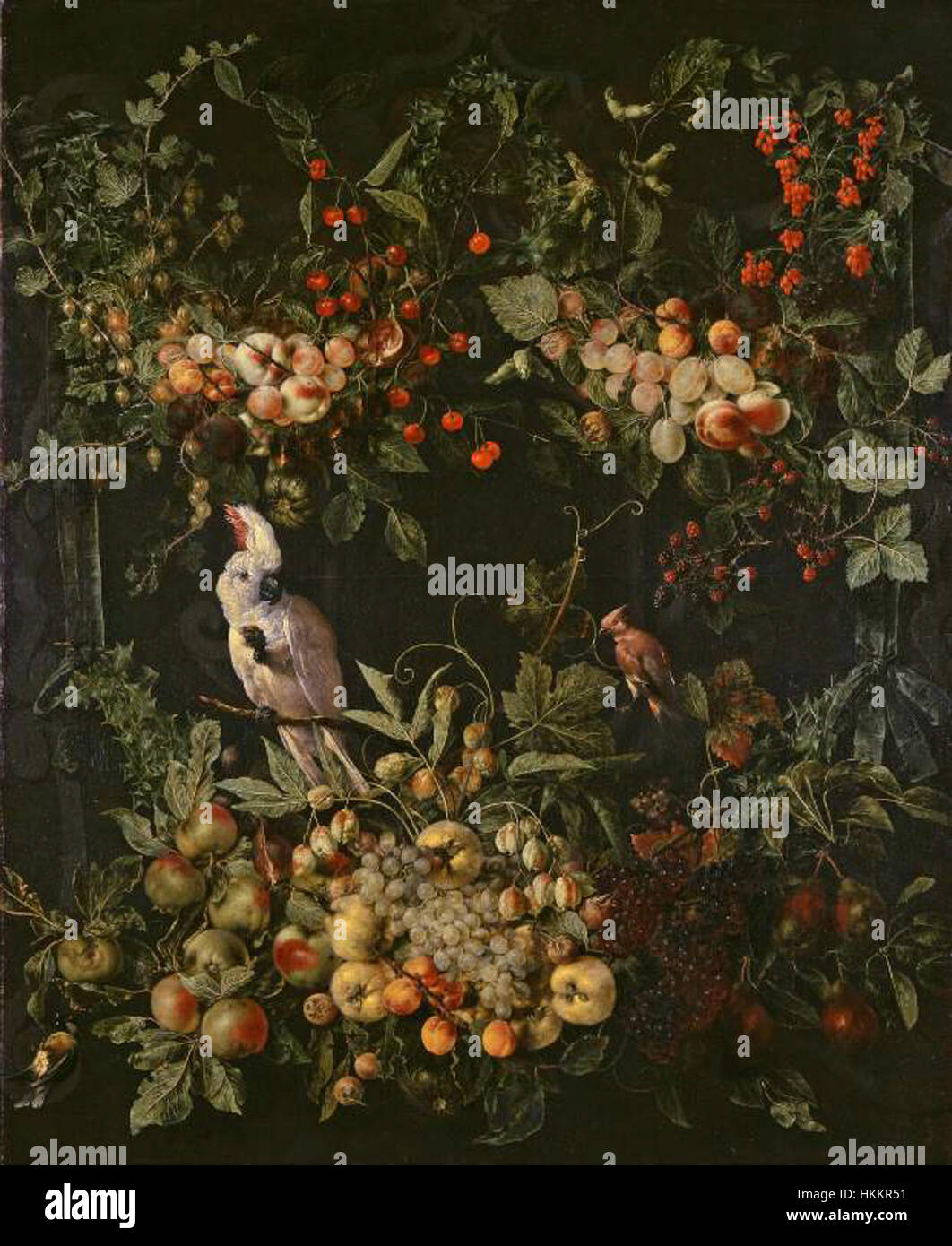 "L'altro" Jan van Kessel - festoni di frutta e fiori che circonda un cartiglio con un tenore di zolfo-crested cockatoo Foto Stock