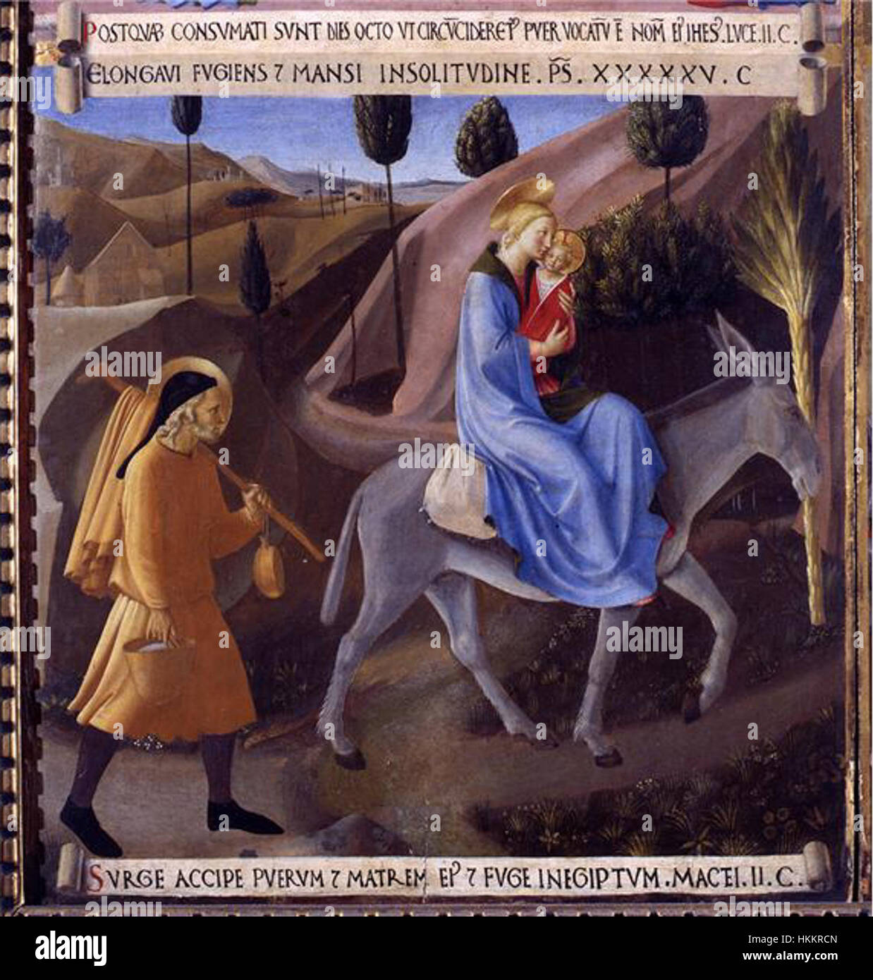 Questa opera raffigura la scena biblica della fuga in Egitto, parte della serie Armadio degli Argenti. Il pezzo mostra la fuga della Sacra famiglia in Egitto, un momento di rifugio dal decreto di Erode, spesso raffigurato nell'arte religiosa. Il lavoro fa parte di una serie che mette in evidenza i momenti chiave del cristianesimo. Foto Stock