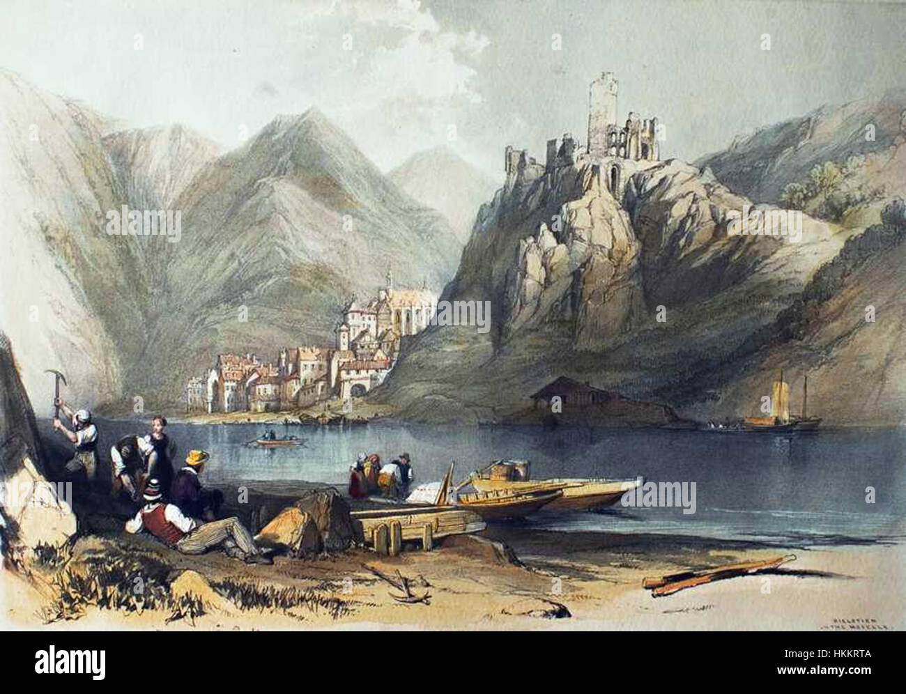 "Bielstein sulla Mosella" è un dipinto ad olio che cattura la bellezza panoramica del fiume Mosella. L'opera d'arte si concentra sul paesaggio del fiume, con una vista su Bielstein, che riflette l'armonia tra natura e architettura nella regione. Foto Stock