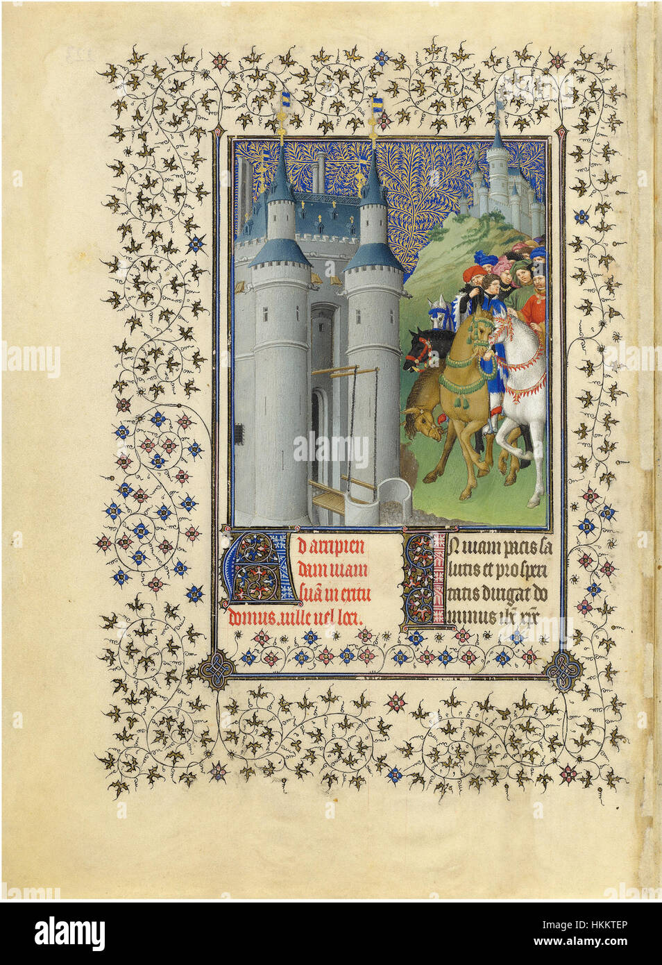 Il "le Duc en voyage" (il Duca in viaggio) dal manoscritto Belle Heures du duc de Berry illustra il viaggio di un nobile durante il periodo medievale. Il dipinto in miniatura cattura la grandezza del viaggio reale, con abiti elaborati e una maestosa carrozza trainata da cavalli. Foto Stock