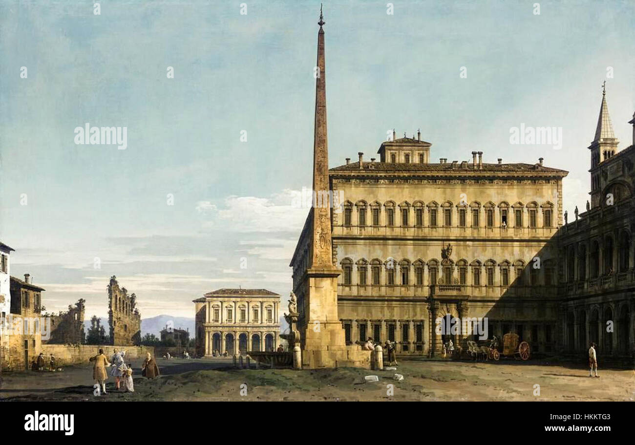 Il dipinto di Bernardo Bellotto *Vista di Piazza di San Giovanni in Laterano* raffigura una scena dettagliata e vibrante della piazza storica di Roma. L'opera esemplifica l'abilità di Bellotto nella precisione architettonica e la sua padronanza nella composizione del paesaggio urbano. Foto Stock