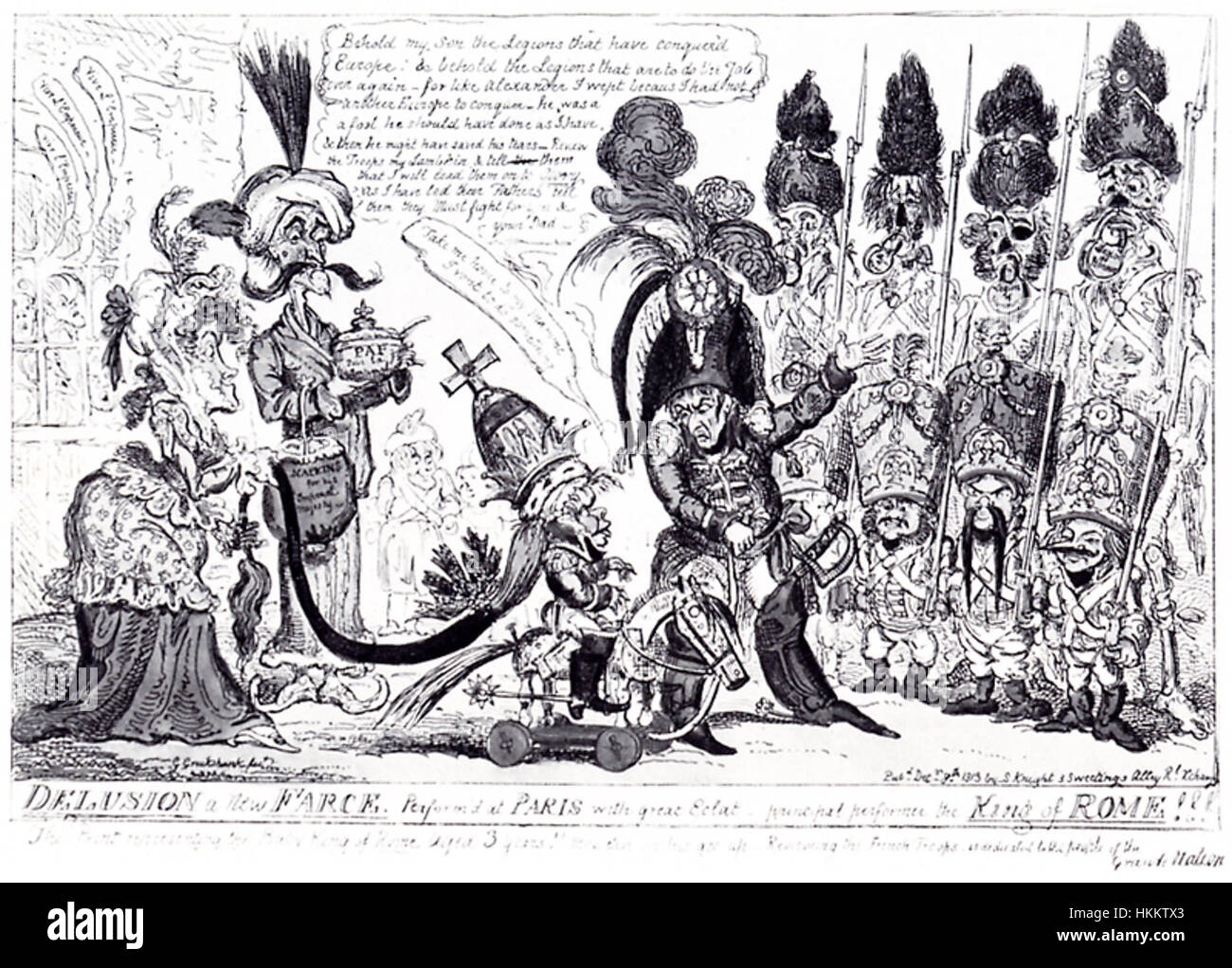 L'illusione di Cruikshank a New Farce è un pezzo satirico, probabilmente basato sulla popolare esecuzione teatrale del suo tempo. L'illustrazione cattura l'essenza comica della farsa, ritraendo personaggi esagerati e situazioni che riflettono l'umorismo teatrale e il commento sociale del XIX secolo. Foto Stock