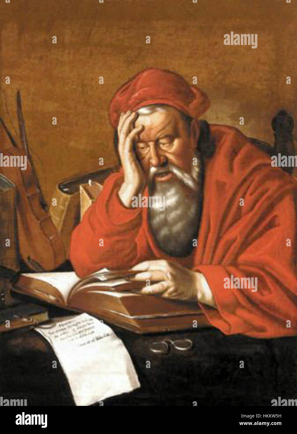 Questo dipinto di un artista tedesco raffigura San Girolamo, noto per il suo lavoro accademico sulla Bibbia. Il ritratto cattura il santo in una posa accademica, circondato da simboli di saggezza, come libri e un leone, che riflettono la sua vita di studioso e ascetico. Foto Stock