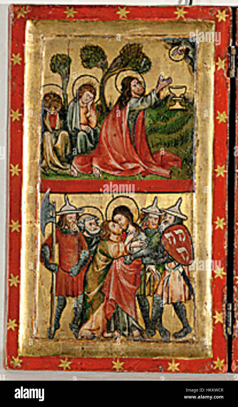Un quadretto medievale raffigurante scene della passione di Cristo, incentrate sulla preghiera di Cristo nel Getsemani e sul tradimento di Giuda, catturando momenti religiosi chiave. Foto Stock