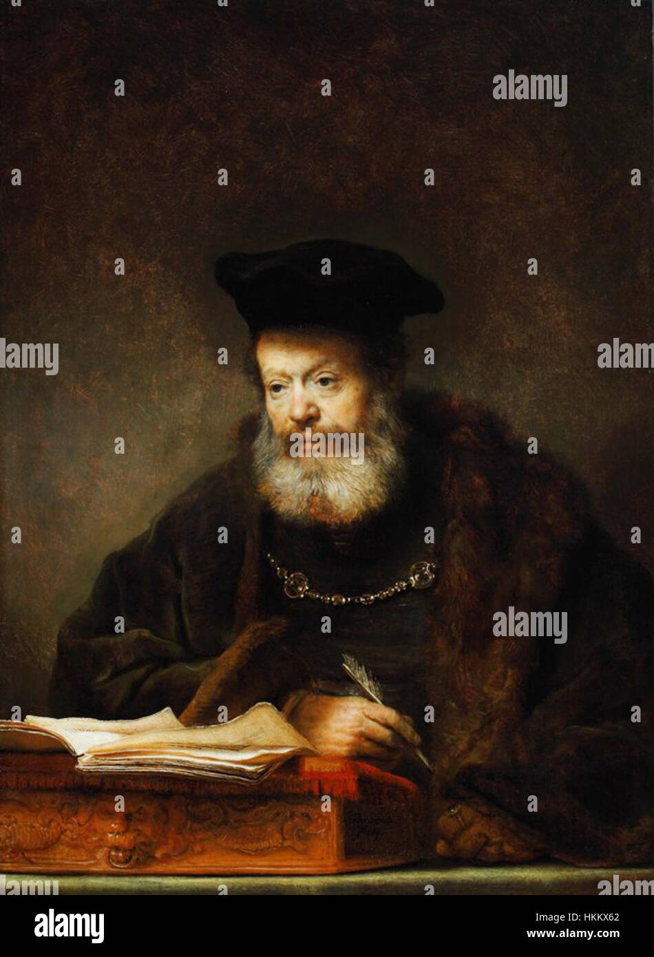 "Scholar at the Lectern" di Rembrandt cattura uno studioso impegnato nello studio, mostrando la sua abilità nel ritrattismo e il gioco di luce riflettente caratteristico del suo lavoro. Foto Stock