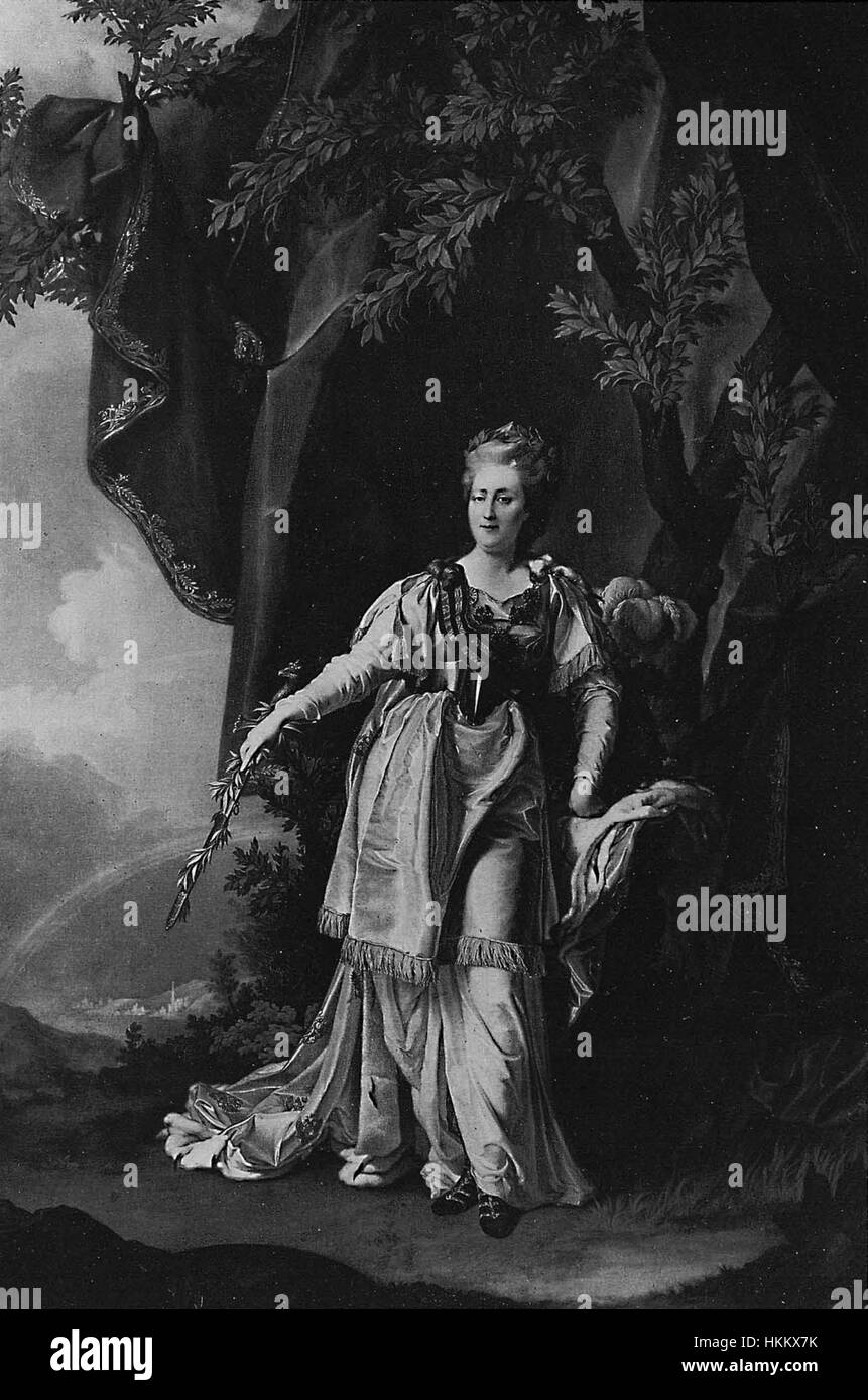 Questo ritratto dell'imperatrice Caterina II, dipinto da un artista sconosciuto, rappresenta la grandezza imperiale del sovrano russo. Conosciuta come Caterina la grande, è raffigurata in abiti reali, simboleggiando il suo potere politico e la sua influenza culturale durante il XVIII secolo. Il dipinto riflette la sua eredità come uno dei monarchi più rinomati della Russia. Foto Stock