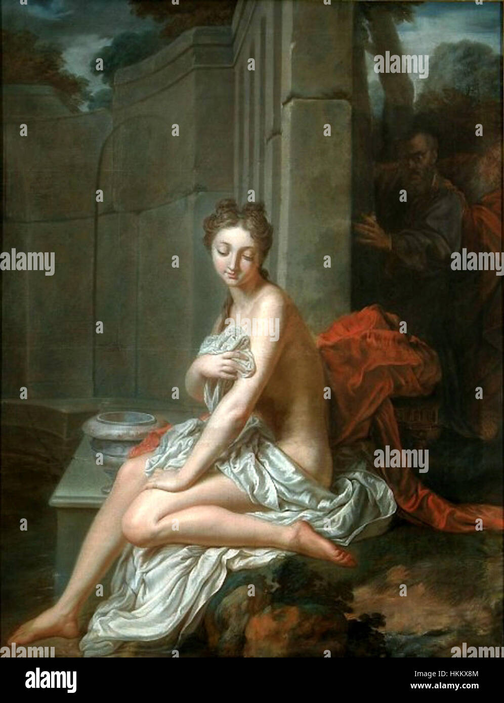 Questo dipinto di Santerre raffigura la storia biblica di Susanna e degli anziani. Cattura il momento in cui Susanna, falsamente accusata dagli anziani, affronta il giudizio. Il lavoro esplora temi della virtù, dell'innocenza e delle lezioni morali della storia. Foto Stock