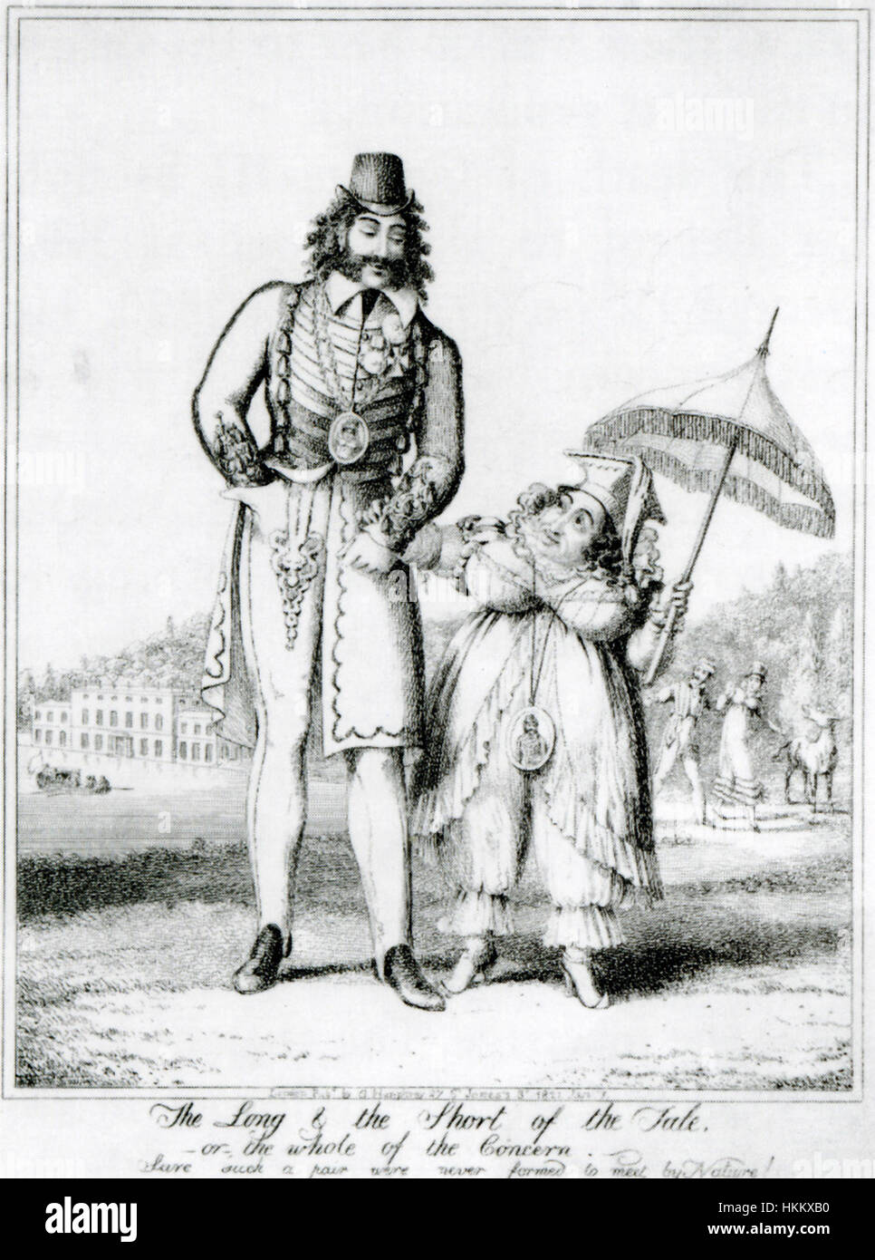 Questa illustrazione satirica di George Cruikshank, intitolata "The Long and Short of the tale", descrive umoristicamente le esagerate differenze di altezza e aspetto tra due personaggi. Cruikshank usa la caricatura per enfatizzare il contrasto in uno stile comico. Foto Stock