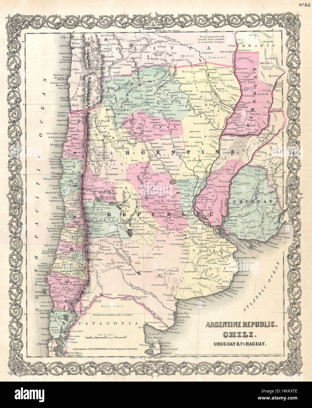 La mappa di Colton del 1855 di Argentina, Cile, Paraguay e Uruguay offre una visione geografica dettagliata del Sud America durante il XIX secolo. Serve come riferimento storico per le divisioni politiche e geografiche di questi paesi all'epoca. Foto Stock