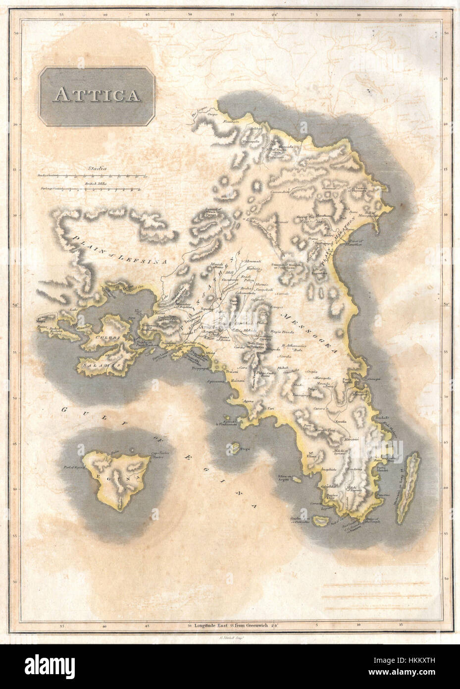 Questa mappa del 1815 di Thomson illustra la regione dell'Attica, compresa Atene e le aree circostanti. Offre una vista storica delle caratteristiche geografiche della Grecia all'inizio del XIX secolo, mostrando città, strade e altri luoghi di interesse. Foto Stock