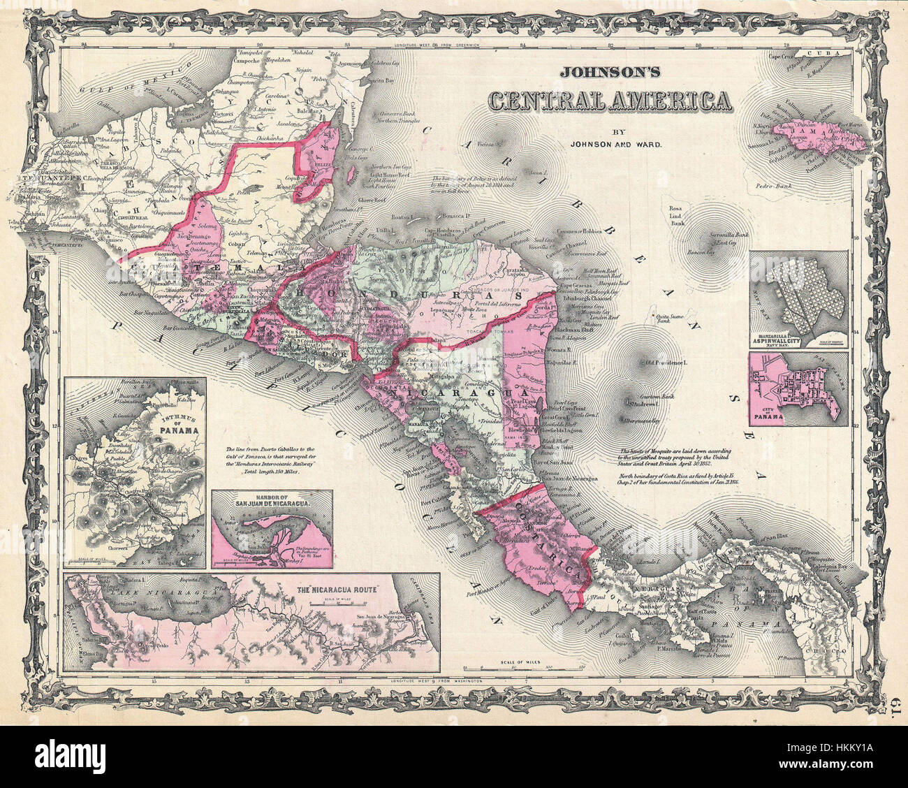 La Johnson Map of Central America del 1862 è un documento cartografico storico che raffigura il paesaggio politico e geografico della regione durante il XIX secolo. Fornisce una preziosa visione delle divisioni territoriali e dei confini politici dell'America centrale in quel momento. Foto Stock
