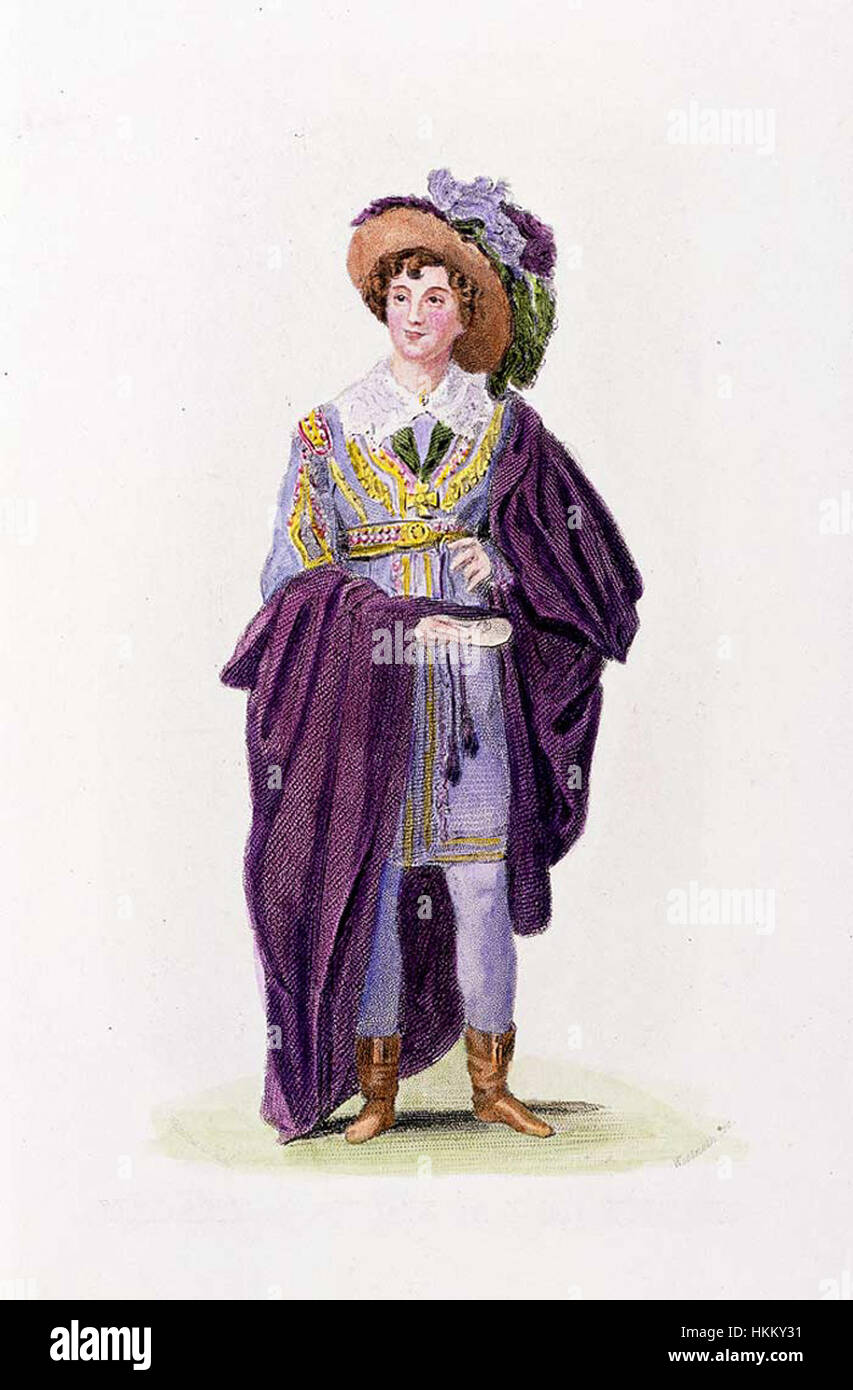 Questo ritratto di Eliza Vestris, una rinomata attrice e cantante inglese dei primi anni del XIX secolo, la cattura come una figura chiave nel teatro britannico. Nota per i suoi ruoli in commedia e opera, era una celebre attrice del suo tempo. Foto Stock