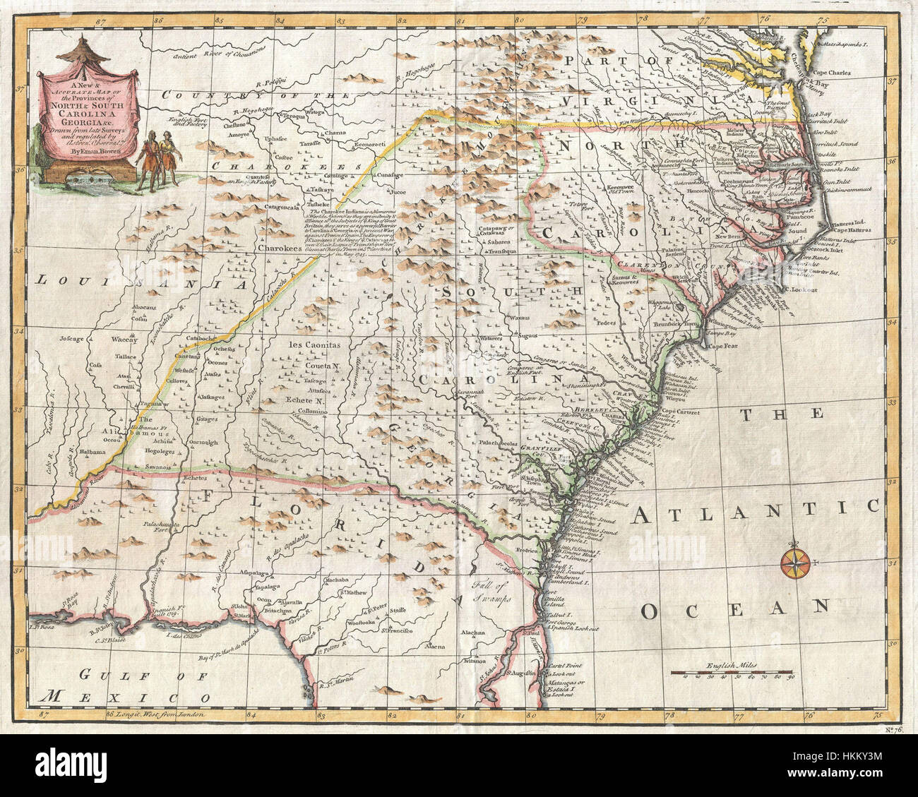 Questa mappa del 1747 di Bowen fornisce una vista dettagliata del sud-est degli Stati Uniti, coprendo le regioni della Carolina, della Georgia e della Florida. La mappa è un documento storico significativo, che offre approfondimenti sulla cartografia americana e sulle caratteristiche geografiche del periodo. Foto Stock
