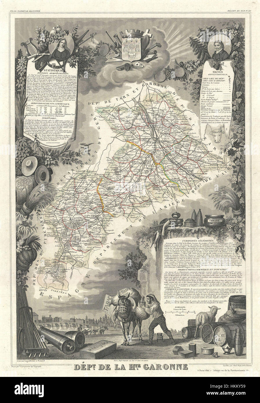 La mappa di Levasseur del 1852 del dipartimento dell'alta Garonna in Francia evidenzia la regione vinicola di Buzet. Questa mappa dettagliata fornisce informazioni sulla geografia e sui modelli di insediamento dell'area durante il XIX secolo. Foto Stock