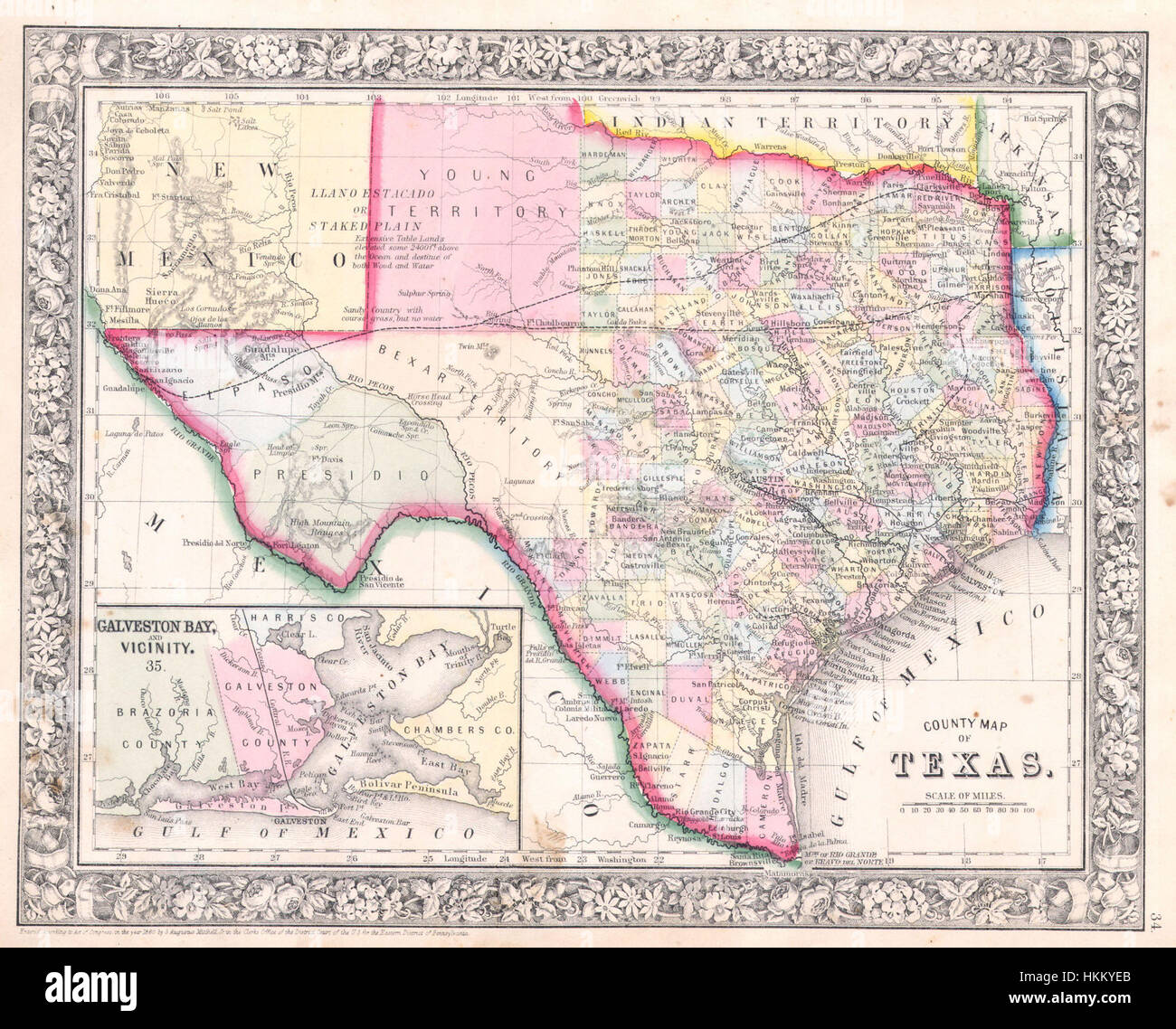 Questa mappa Mitchell del 1864 del Texas fornisce informazioni geografiche dettagliate della metà del XIX secolo. Offre una prospettiva storica sullo stato del Texas durante i suoi primi anni come parte degli Stati Uniti. Foto Stock