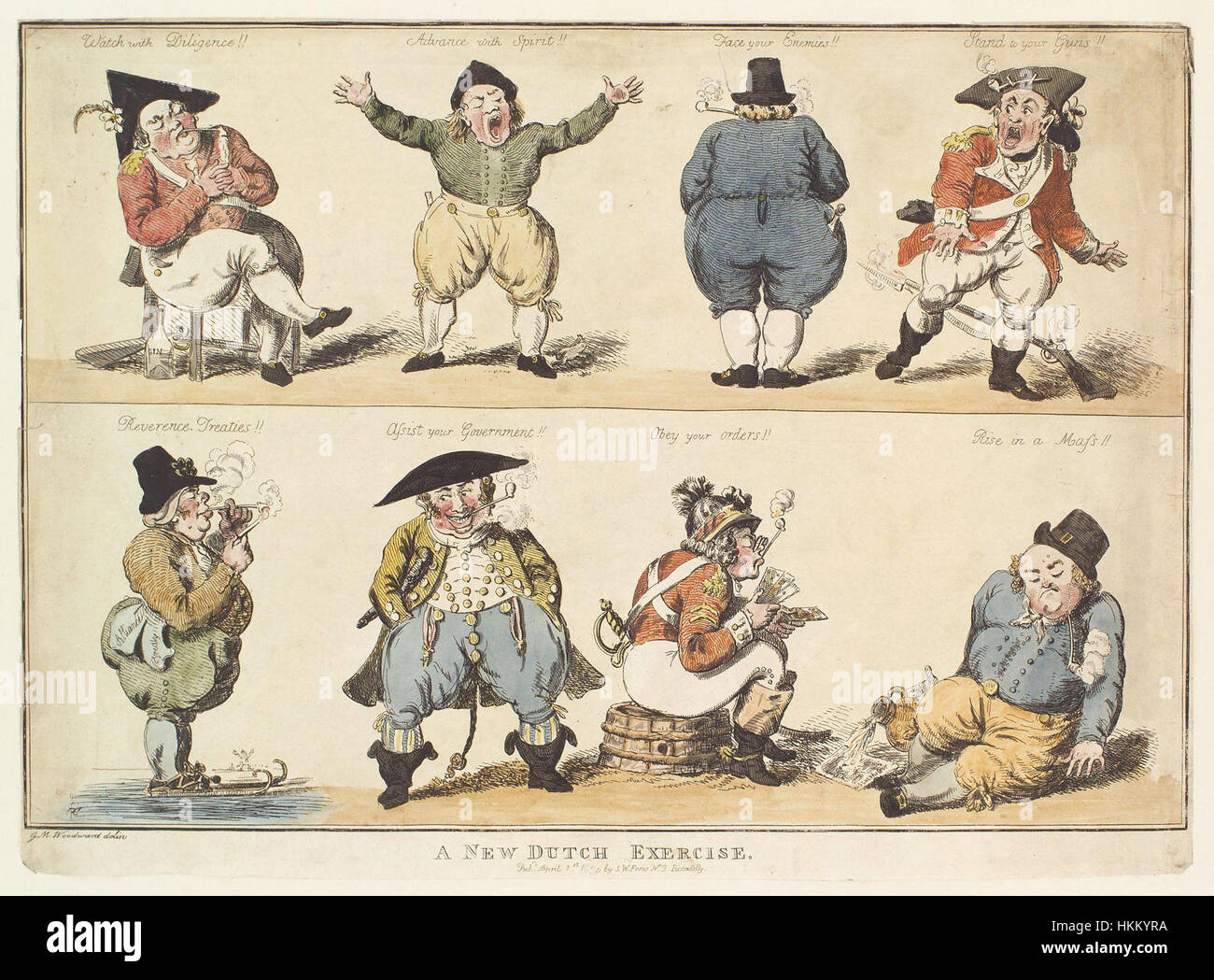 Un disegno satirico del XIX secolo di Isaac Cruikshank raffigurante una nuova esercitazione militare olandese. L'opera riflette l'atmosfera politica e militare dell'epoca, catturando i preparativi militari olandesi con arguzia e umorismo. Foto Stock