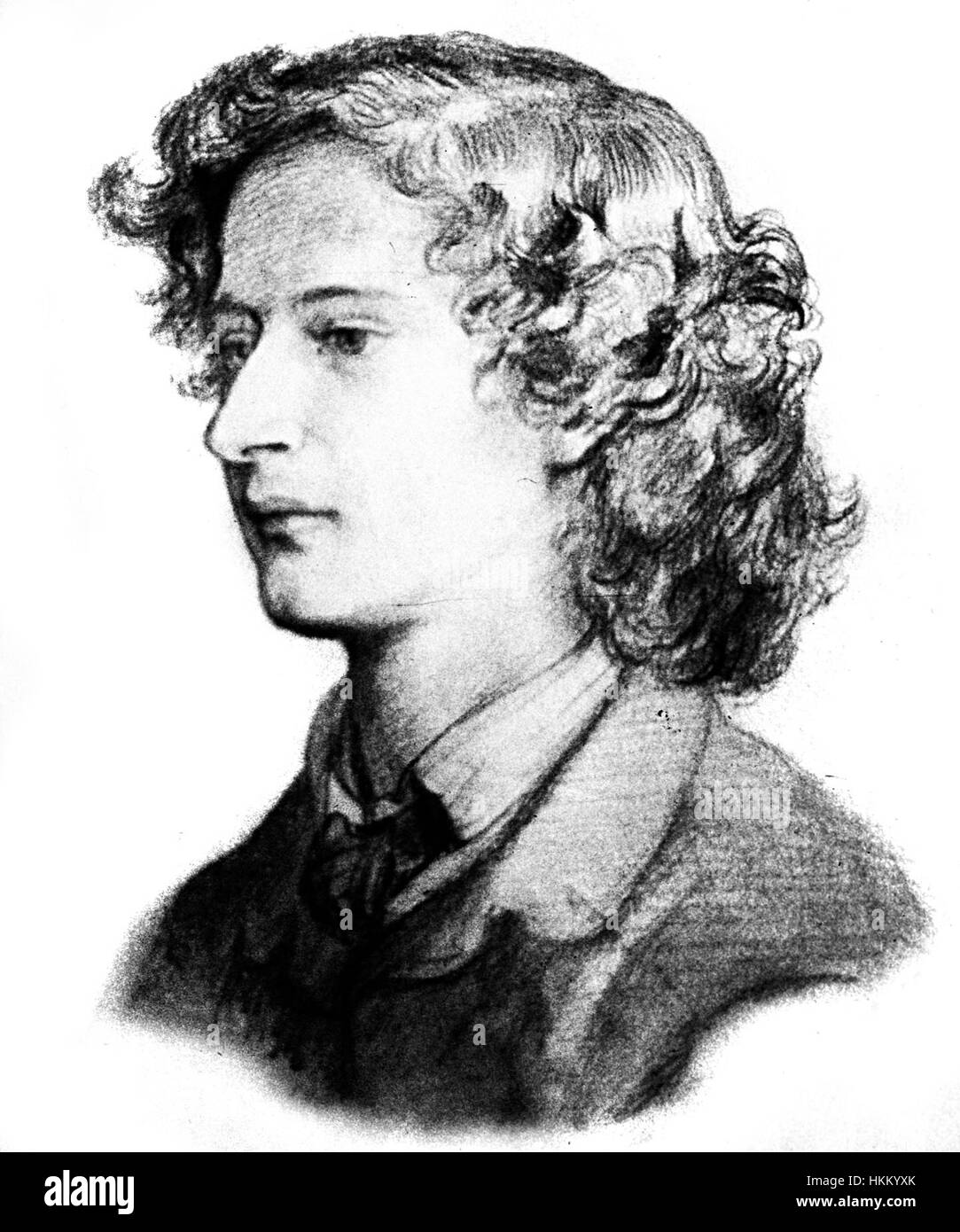 Questo schizzo di Algernon Charles Swinburne, poeta e drammaturgo inglese, cattura la sua somiglianza in modo grezzo ed espressivo. Lo sketch enfatizza le sue caratteristiche uniche e l'intensità della sua personalità, riflettendo la natura lunare e appassionata delle sue opere letterarie. Swinburne era noto per i suoi temi audaci e il suo ruolo nella poesia vittoriana. Foto Stock