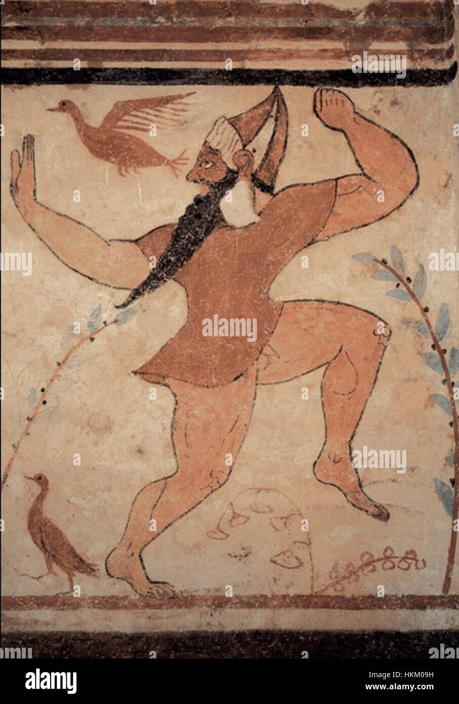 Questa immagine raffigura una figura danzante della tomba degli auguri a Tarquinia, un sito di sepoltura etrusco. L'opera d'arte, risalente al 525-500 a.C., fornisce informazioni sulla cultura etrusca e sulle pratiche funerarie. Foto Stock