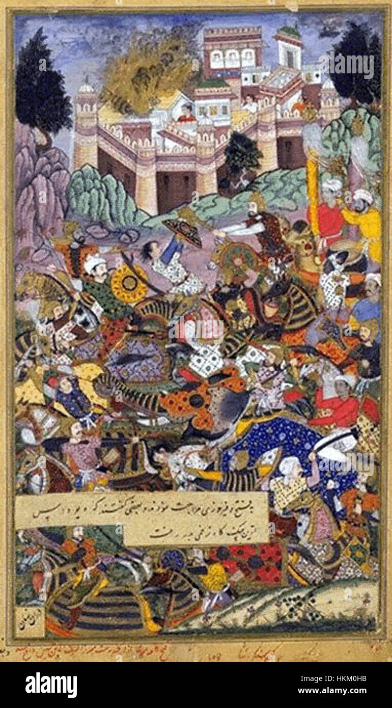 *L'attacco di Akbar a Merta*, dipinto da un artista sconosciuto, raffigura l'evento storico della campagna militare dell'imperatore Moghul Akbar a Merta. Il dipinto ad olio cattura l'intensità della battaglia, mostrando le immagini vivide e la rappresentazione artistica della storia dell'Impero Moghul. Foto Stock
