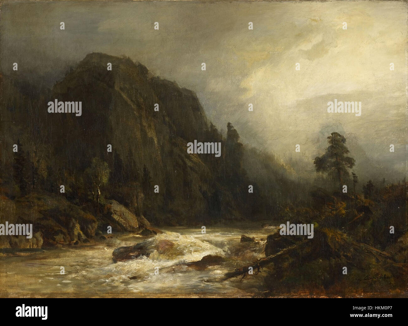 "Berglandschaft mit Bach" di Andreas Achenbach (paesaggio montano con ruscello) è una rappresentazione drammatica della natura. Il dipinto cattura la potenza grezza e la bellezza di un paesaggio montuoso, con un fiume che scorre immerso in un terreno accidentato, che mostra la maestria di Achenbach nel genere romantico del paesaggio. Foto Stock