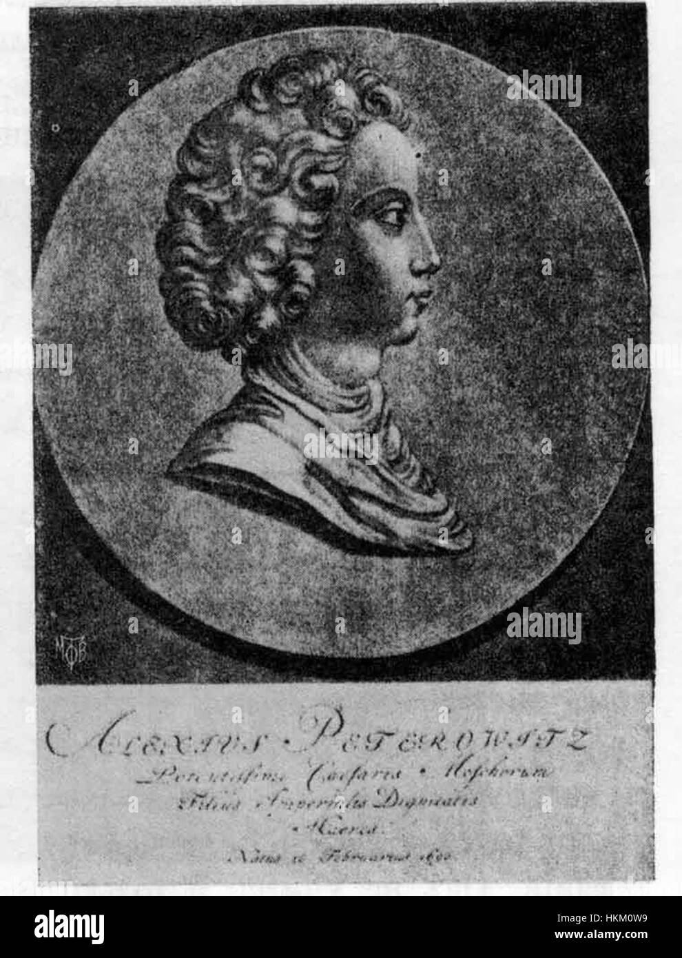 Questo ritratto, creato nel 1703 da Guen, raffigura Alexei Petrovich, figlio di Pietro il grande di Russia, in gioventù. Il dipinto mette in risalto l'abbigliamento nobile e l'espressione giovanile dell'erede al trono russo. Foto Stock