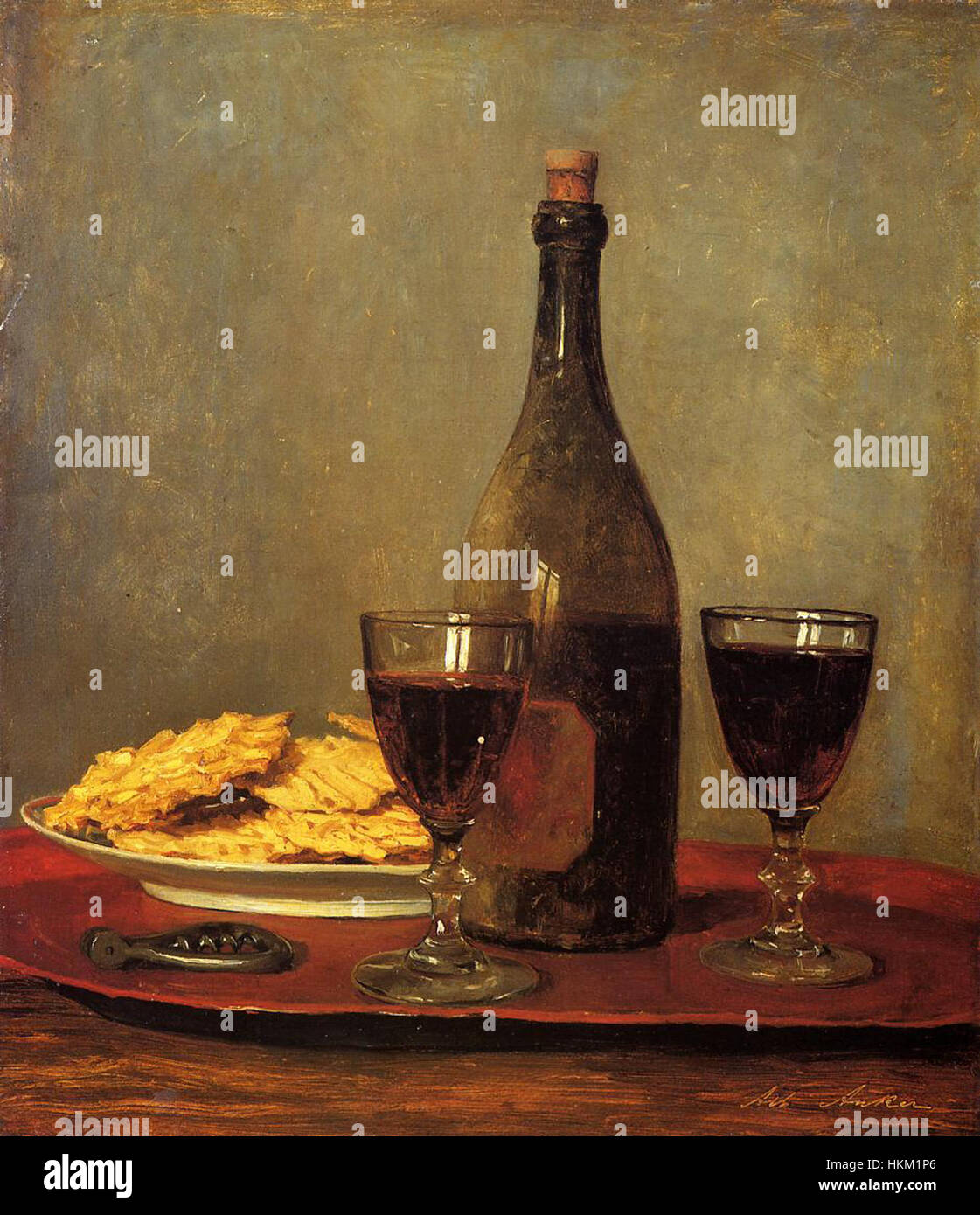 Questa natura morta dell'artista svizzero Albert Anker presenta una bottiglia di vino rosso insieme ad altri oggetti in una disposizione magistrale. Il lavoro di Anker si concentra sulla vita quotidiana ed è caratterizzato dal suo ricco dettaglio e dall'uso della luce. Foto Stock