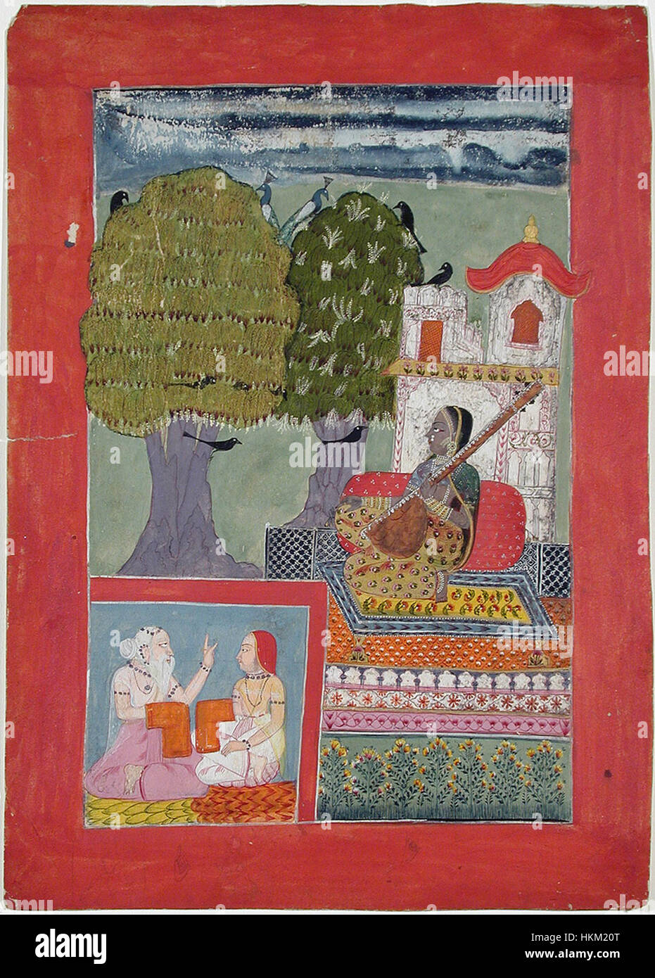 Questo dipinto, 'Una donna con una Vina fuori da un Padiglione', mostra una donna indiana che interpreta la vina, ambientato in uno sfondo architettonico culturale. Mette in risalto l'arte indiana tradizionale, con colori vivaci e un'atmosfera serena, esposta al Museo d'Arte di San Diego Foto Stock