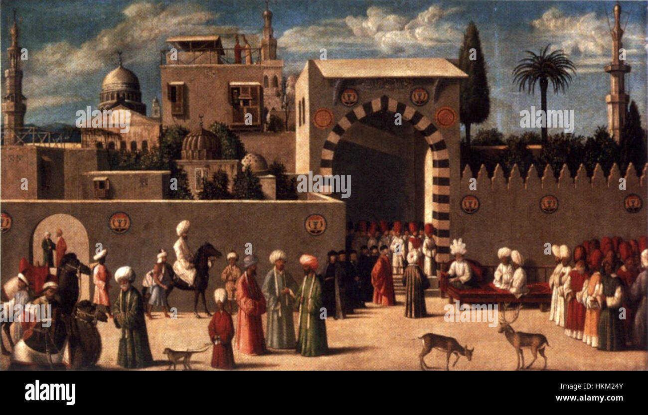 Anonimo Veneziano dipinto orientalista, il ricevimento degli ambasciatori in Damasco", 1511, il museo del Louvre Foto Stock