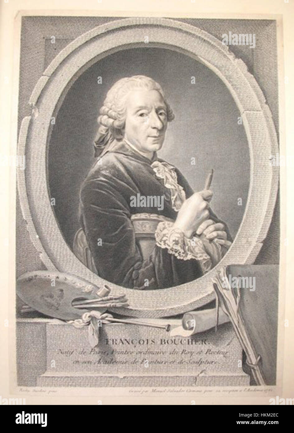 "Francois Boucher Portrait" è un'incisione che ritrae il famoso artista francese del XVIII secolo, noto per il suo stile rococò. L'immagine cattura la sua somiglianza, enfatizzando la sua espressione artistica e i suoi contributi all'estetica del periodo. Foto Stock