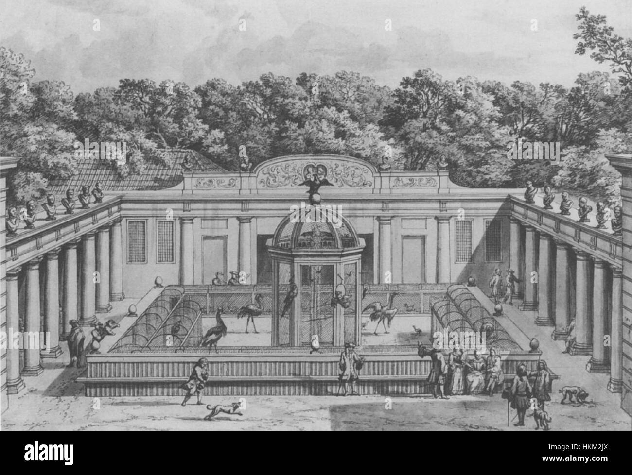 Un dipinto di Isaac de Moucheron raffigurante la voliera del Blauw Jan Inn, che mostra gli intricati dettagli delle recinzioni degli uccelli e dell'ambiente circostante. Foto Stock