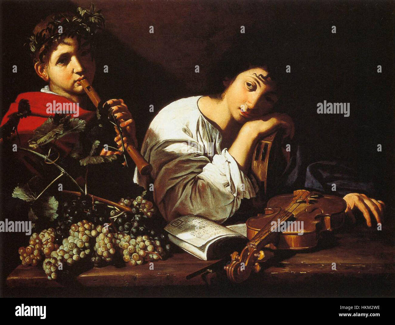 Un dipinto di Bartolomeo Cavarozzi intitolato *Lament di Aminta*, raffigurante una figura dolorosa in stile classico. L'opera d'arte cattura una scena emotiva dal mondo pastorale. Foto Stock