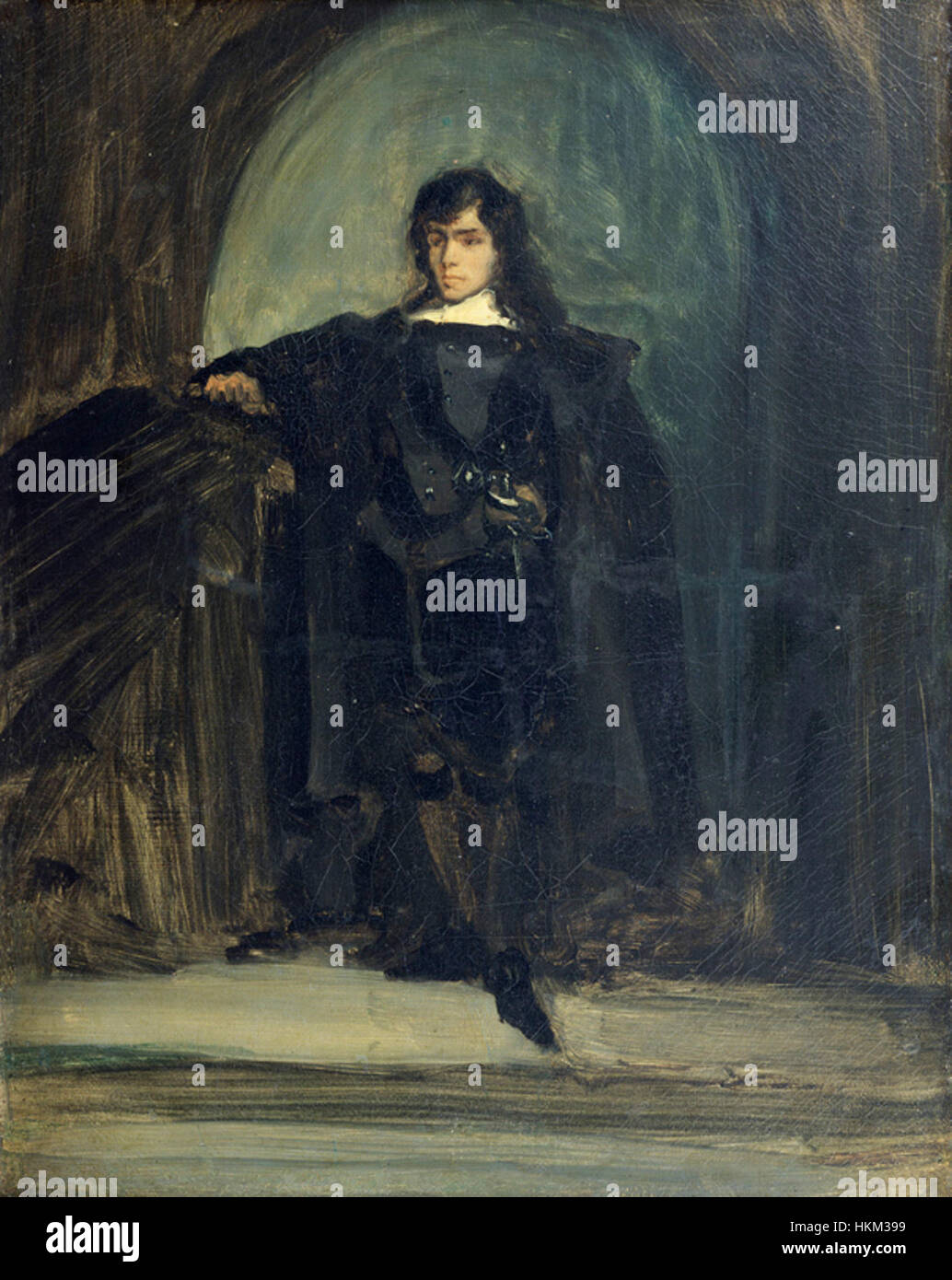 Questo autoritratto, forse intitolato "Autoportrait dit en Ravenswood ou en Amleto", presenta l'artista in una posa drammatica, traendo ispirazione dai temi shakespeariani. L'opera enfatizza la teatralità e l'espressionismo nella ritrattistica. Foto Stock