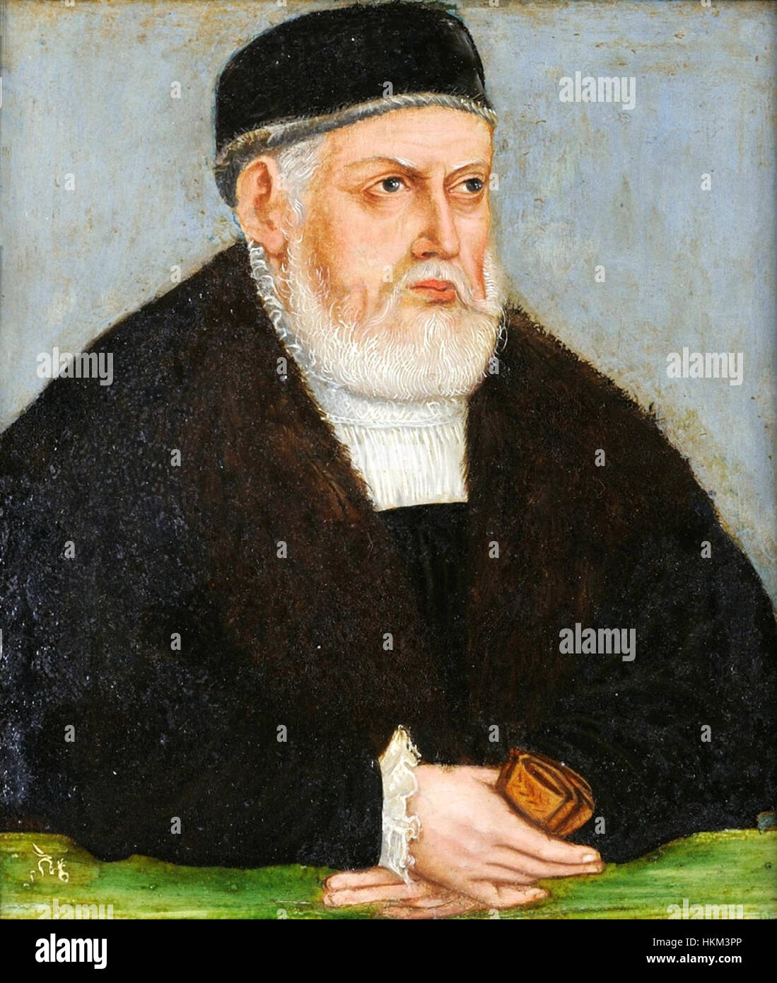 Un dipinto ritratto di Lucas Cranach il Giovane, che raffigura Sigismondo I il Vecchio, re di Polonia, in una posa reale formale, presentando lo stile ritrattistico dettagliato tipico della bottega Cranach nel XVI secolo. Foto Stock