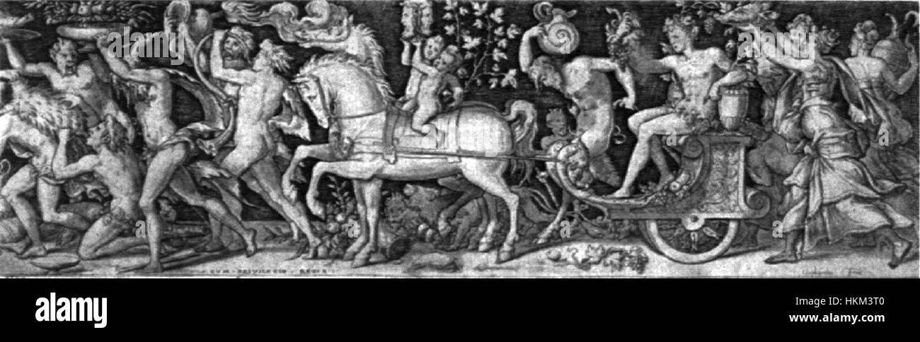 "Il trionfo di Bacco" di Delaune cattura la celebrazione mitica di Bacco, il dio del vino, della rivelazione e della fertilità. L'opera d'arte è una vivace rappresentazione della festività e della mitologia classica. Foto Stock