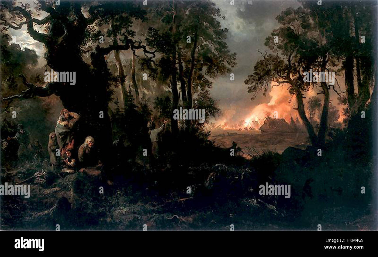 «Un villaggio in fiamme» di Kostrzewski è un quadro suggestivo che raffigura la distruzione di un villaggio dalle fiamme. L'opera ritrae sia le drammatiche che tragiche conseguenze del fuoco, catturando la scena caotica ed emotiva attraverso pennellate espressive e colori intensi. Foto Stock