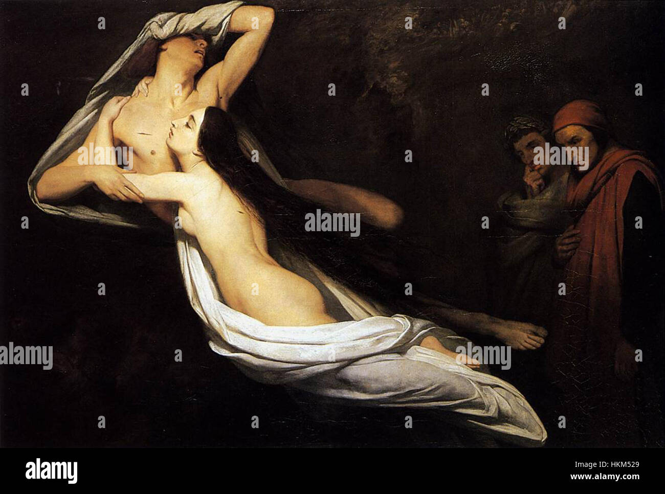 Il dipinto di Ary Scheffer del 1835 ritrae il momento in cui Dante e Virgilio incontrano i fantasmi di Paolo e Francesca nella Divina Commedia. La scena cattura l'intensità emotiva dei personaggi mentre navigano nell'inferno dell'Inferno. Foto Stock