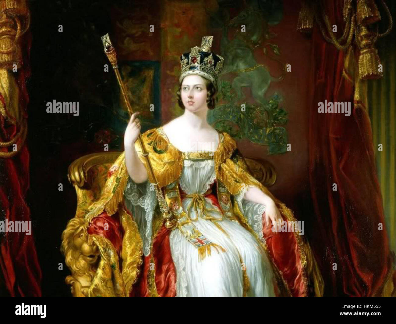 Questo ritratto della regina Vittoria, dipinto da George Hayter, cattura il monarca britannico con un abbigliamento regale. Come figura significativa nella storia britannica, l'immagine della regina Vittoria è immortalata in questo dipinto del XIX secolo, che mostra la sua autorità e il suo status. Foto Stock