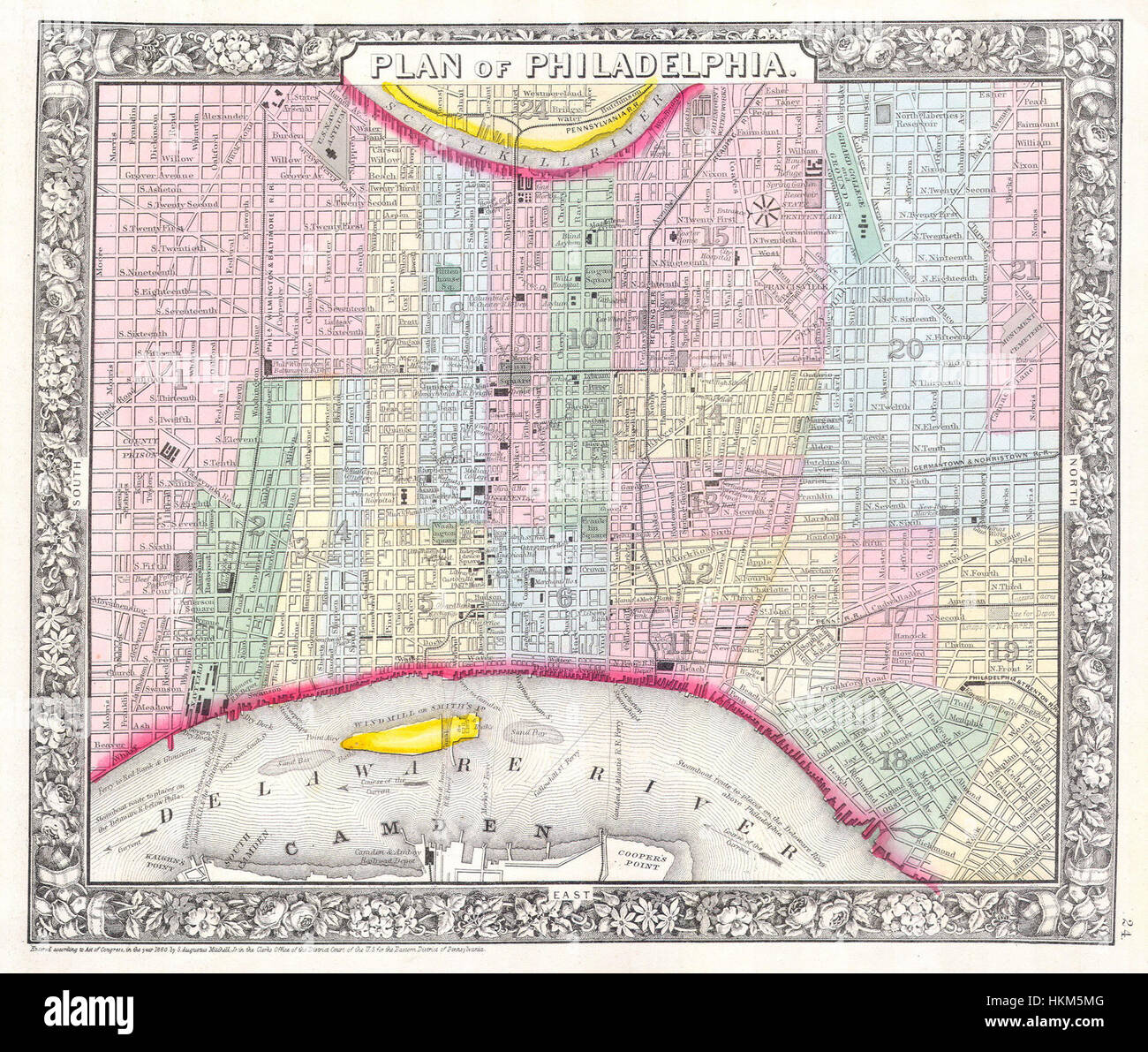 Questa mappa, creata nel 1860, illustra il layout di Philadelphia, evidenziando le strade e le posizioni chiave durante la metà del XIX secolo. È una preziosa risorsa storica per comprendere lo sviluppo della città nel periodo. Foto Stock